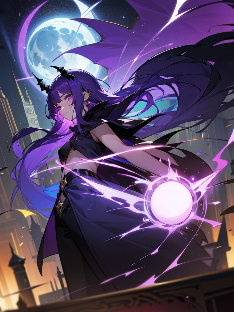 Inner color mesh purple、two tone hairstyle、Thunder properties、book of magic、wizard、golden eyes、evil eye、My eyes are sparkling、horn、devil、ear piercing、coat、midnight、bellflower flower、building、Thunder magic、Crescent Moon、dragon、witch、wing、belly button、mansion