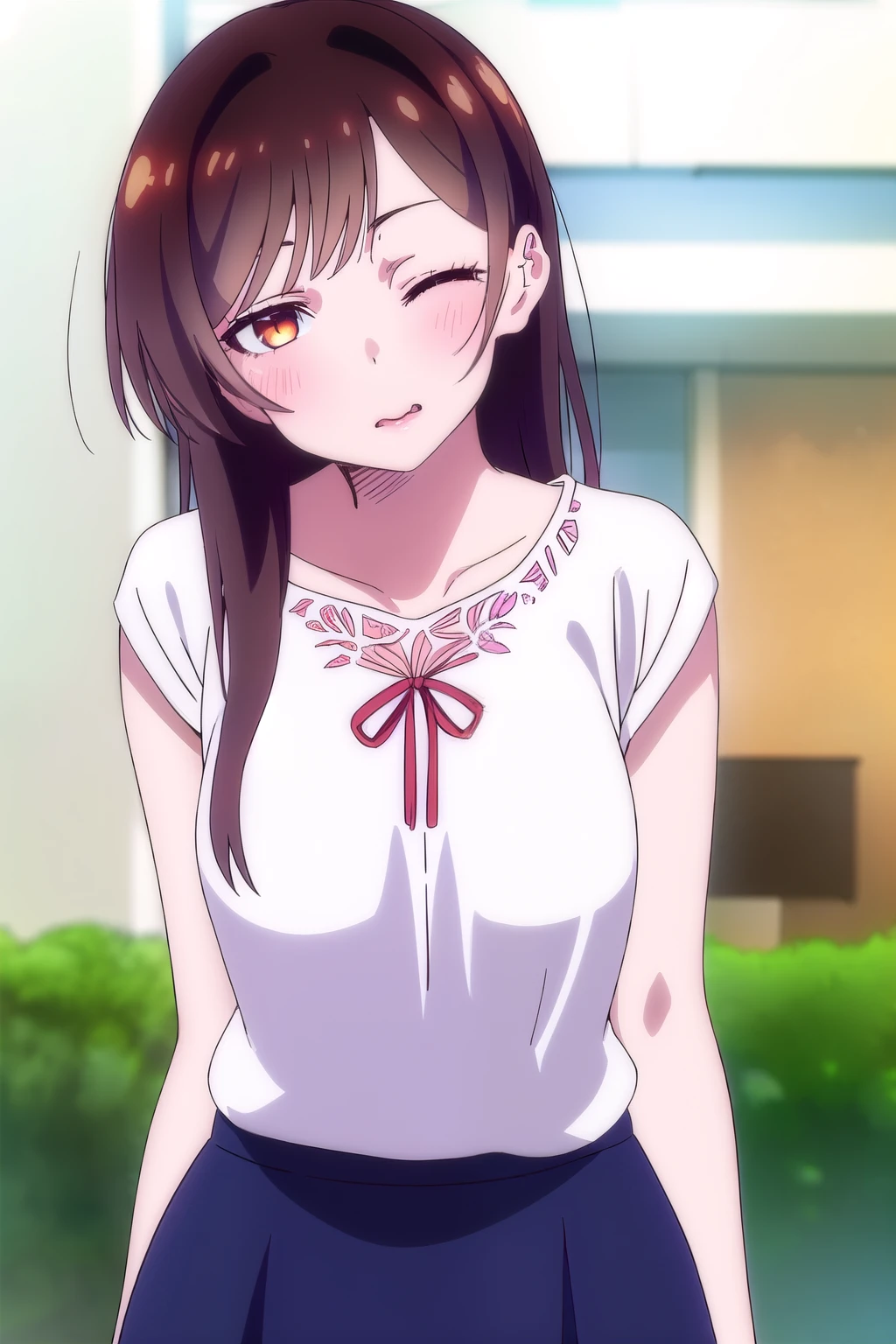 (1 girl), (orange eyes), (intricate iris details), (front), (sexy girl with sexy look dressed in a shirt and a skirt), (lowers her eyes), (Chizuru Mizuhara), (White background)