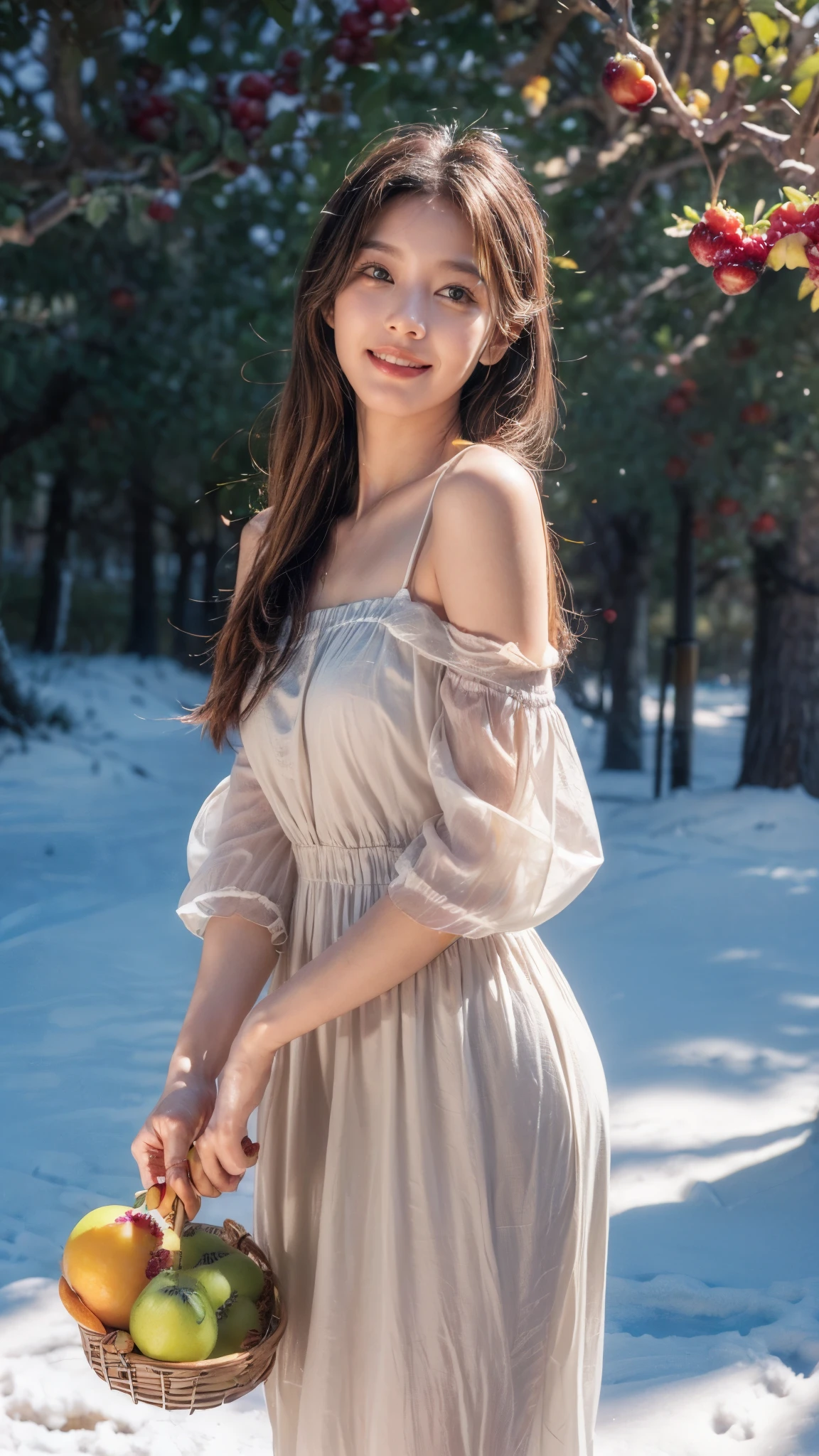 8k, masterpiece, RAW photo, best quality, photorealistic, extremely detailed CG unity 8k wallpaper, Depth of field, Cinematic Light, Lens Flare, Ray tracing, (extremely beautiful face, beautiful lips, beautiful eyes), intricate detail face, ((ultra detailed skin)) 1girl, in the dark, deep shadow, pretty Asian girl, idol, 1 girl, (very slim slender fit-muscled body:1.3), ((looking at viewer)),((big smile:1.3)), Women Summer Buffing Sleeve Off Shoulder Mini Dress a Line Flowy Swing Dress, Lavender Dress, verde claro, cetim, Este, vestido de cetim, organza silk, ((Standing in front of Guava Fruits trees)), ((too many Guava Fruits in trees)), ((Perfect yellow big size Guava Fruits)), ((Rose trees)), ((pine trees)), ((Snow Fall)), ((Snow Fall on fruits)), ((snow fall on trees)), ((Apple Orchards)), ((full apples in trees)), (((every tree have more fruits))), ((Grape orchards)), Sitting, Eating Fruits, ((Frozen Lake)), ((Detailed body parts)), Detailed fingers, Detailed body, Detailed fruits, detailed dress, 64k, (Best quality 1:2), (Best quality fruits 1:2)
