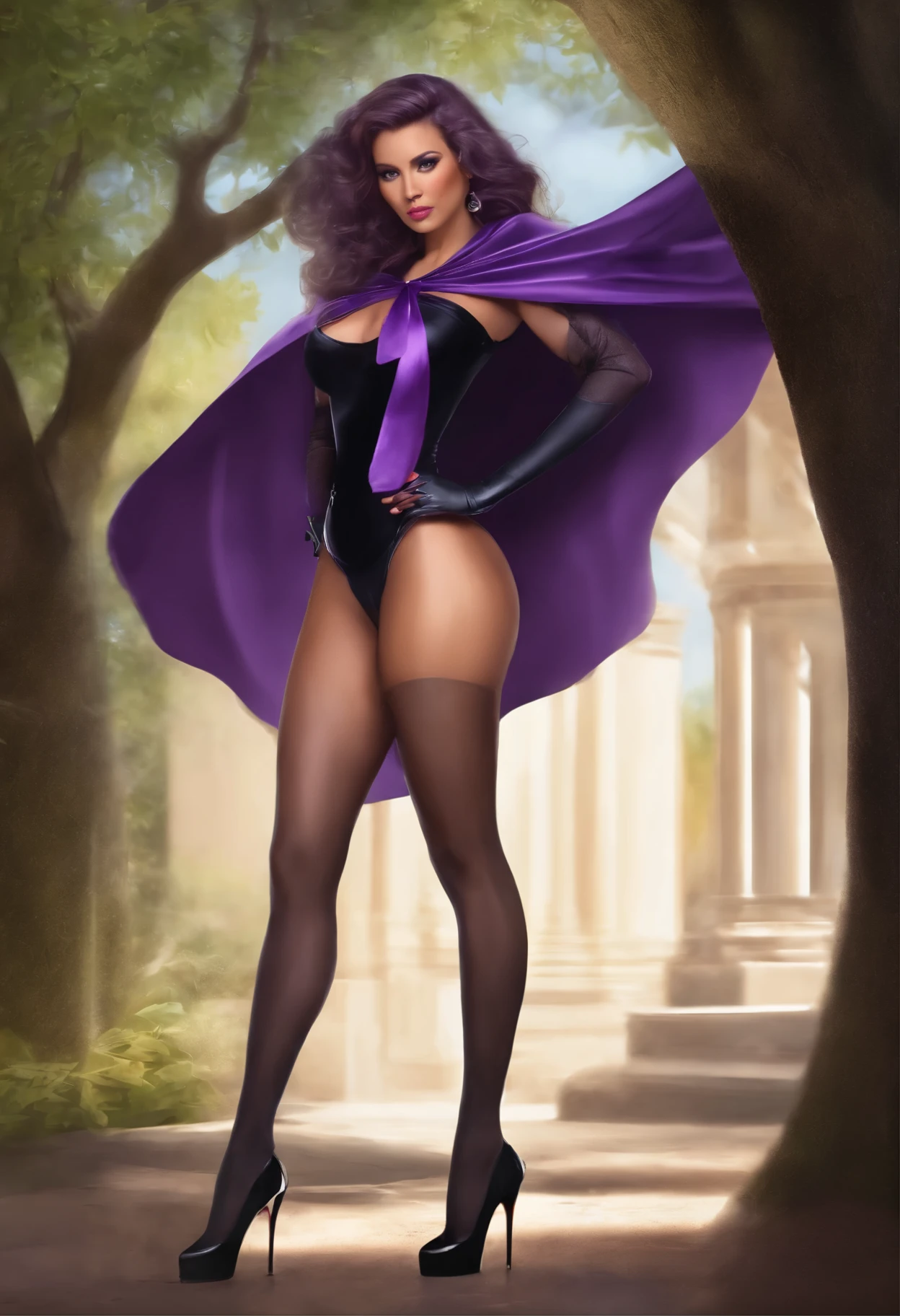 Full body view, big breasts, negleege, purple sheer cape with ribbon, nylon pantyhose, high heels, big hips, thin waist, thick thighs