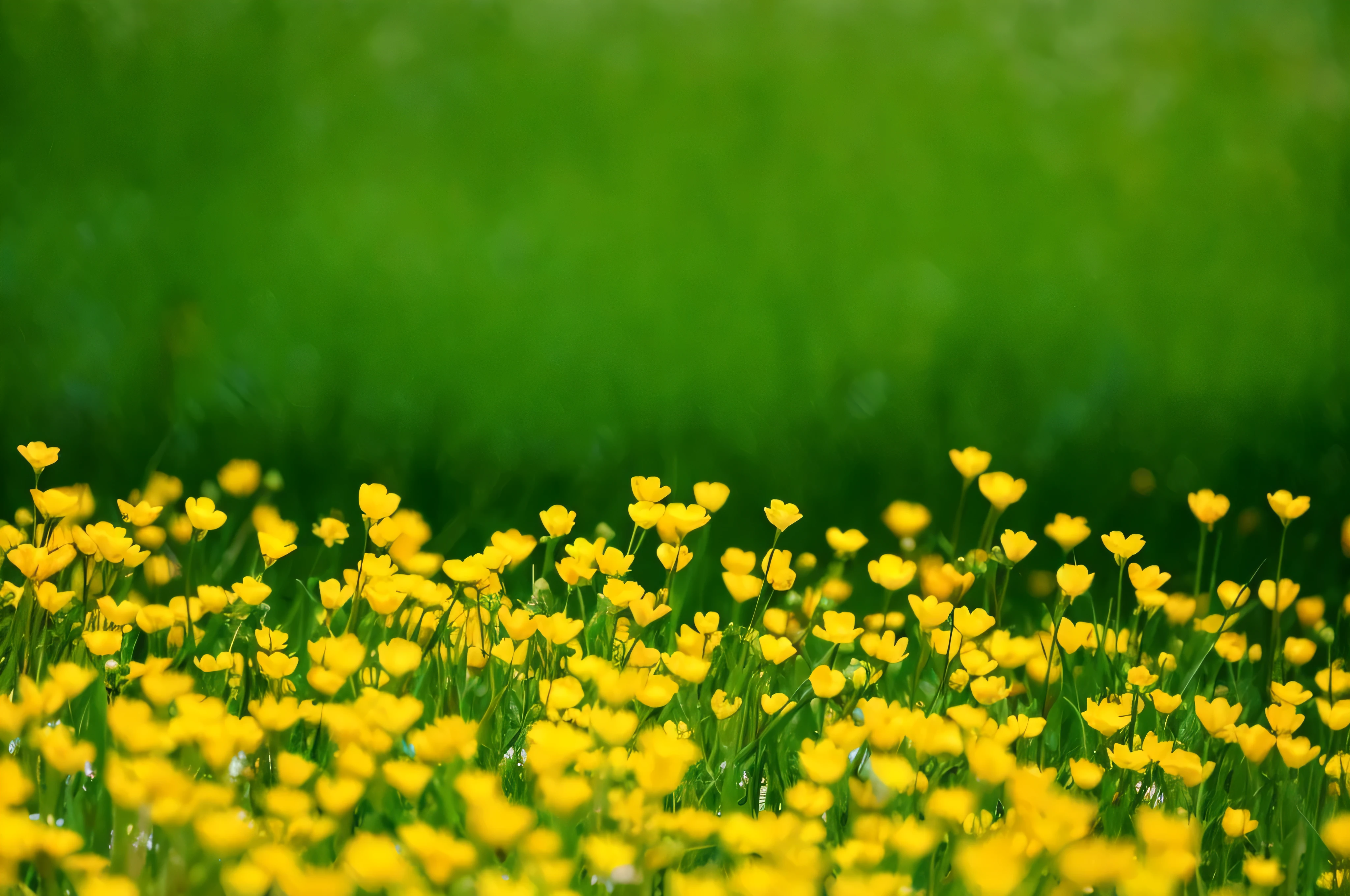 yellow flowers in a field of green grass with a blurry background, buttercups, yellow and green, field of flowers background, green and yellow colors, green and yellow, yellow flowers, full of yellow flowers flowers, yellow and greens, green and yellow tones, shallow depth of fielf, with yellow flowers around it, field of flowers, meadow with flowers, flower field