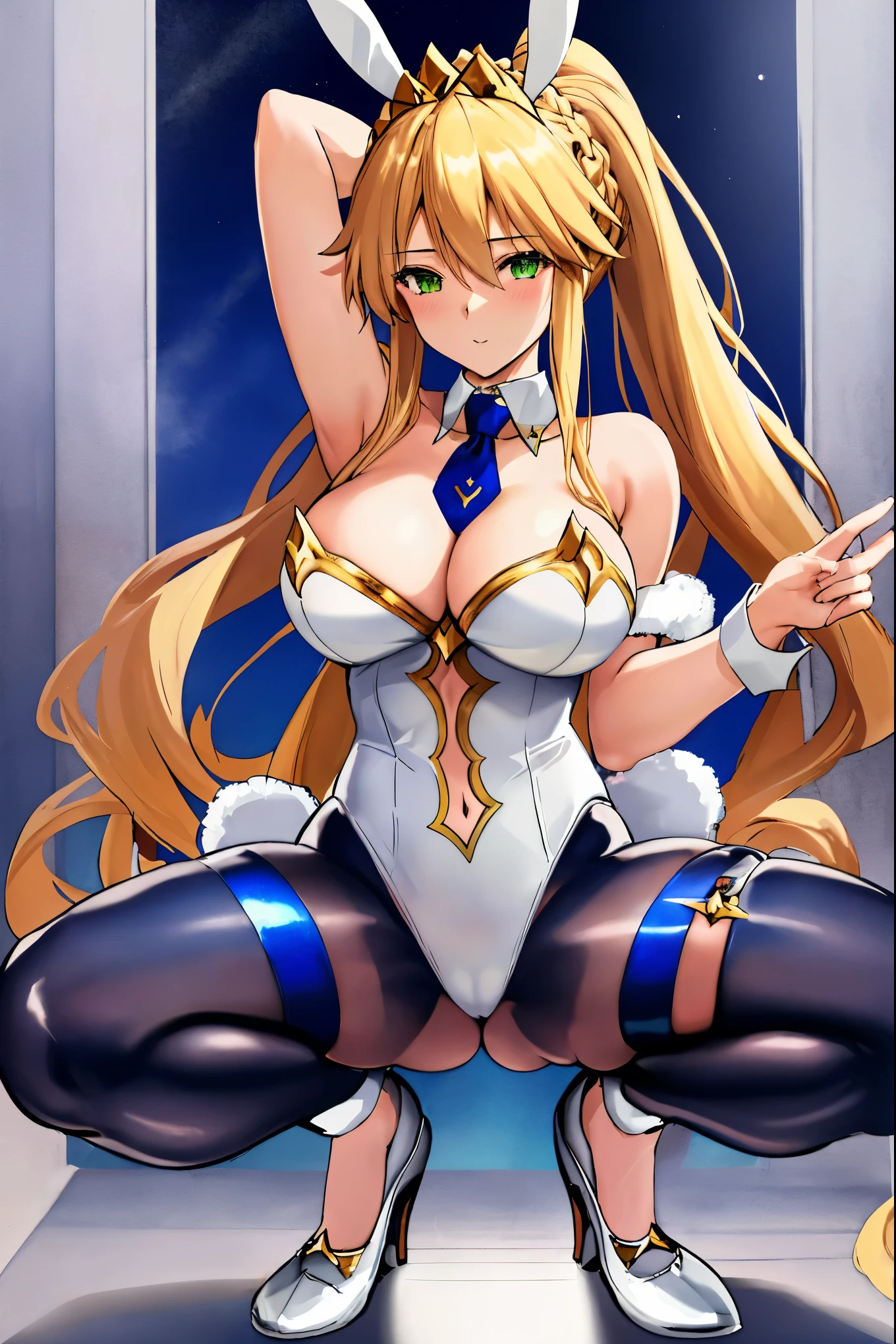 masterpiece, best quality, absurdres, looking at viewer, (light_smile:0.6),
1girl, ahoge, rabbit ears, playboy bunny, artoria pendragon \(swimsuit ruler\) \(fate\), large breasts , blonde hair, green eyes, french braid, pony tail
bare shoulders, large breasts , cleavage,
clothing cut out, wrist cuffs, detached collar, cutout, feather boa,
white leotard, blue necktie, blue pantyhose, single thigh strap, hands_above_head,(squat:1.3),(spread_legs:1.3),rabbit_pose,solo,stretch_fingertips