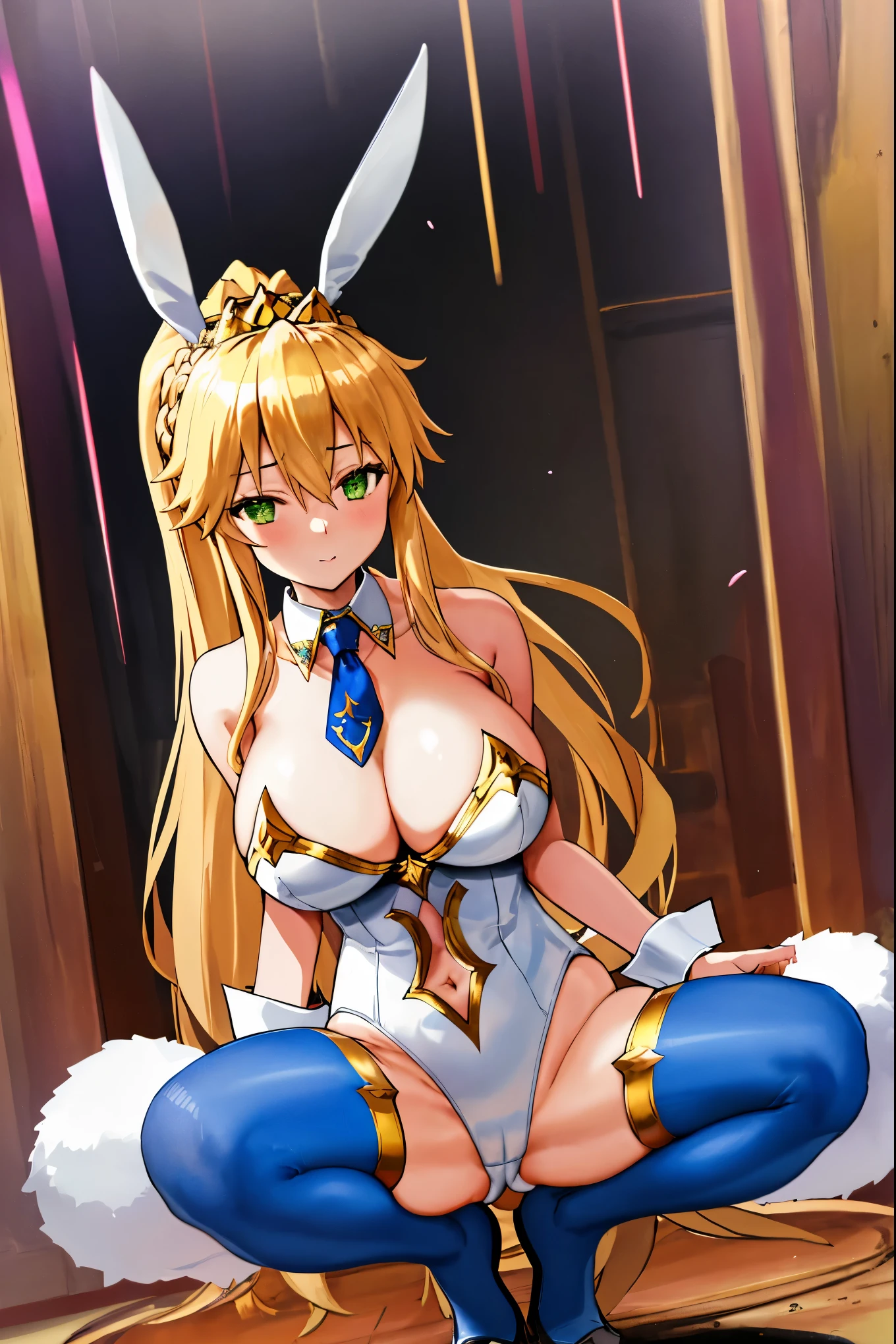 masterpiece, best quality, absurdres, looking at viewer, (light_smile:0.6),
1girl, ahoge, rabbit ears, playboy bunny, artoria pendragon \(swimsuit ruler\) \(fate\), large breasts , blonde hair, green eyes, french braid, pony tail
bare shoulders, large breasts , cleavage,
clothing cut out, wrist cuffs, detached collar, cutout, feather boa,
white leotard, blue necktie, blue pantyhose, single thigh strap, hands_above_head,(squat:1.3),(spread_legs:1.3),rabbit_pose,solo,stretch_fingertips