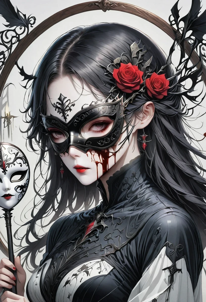 (tarot cards:1.3),(frame:1.5),scepter,Blood,Rose,mask,Minimalism