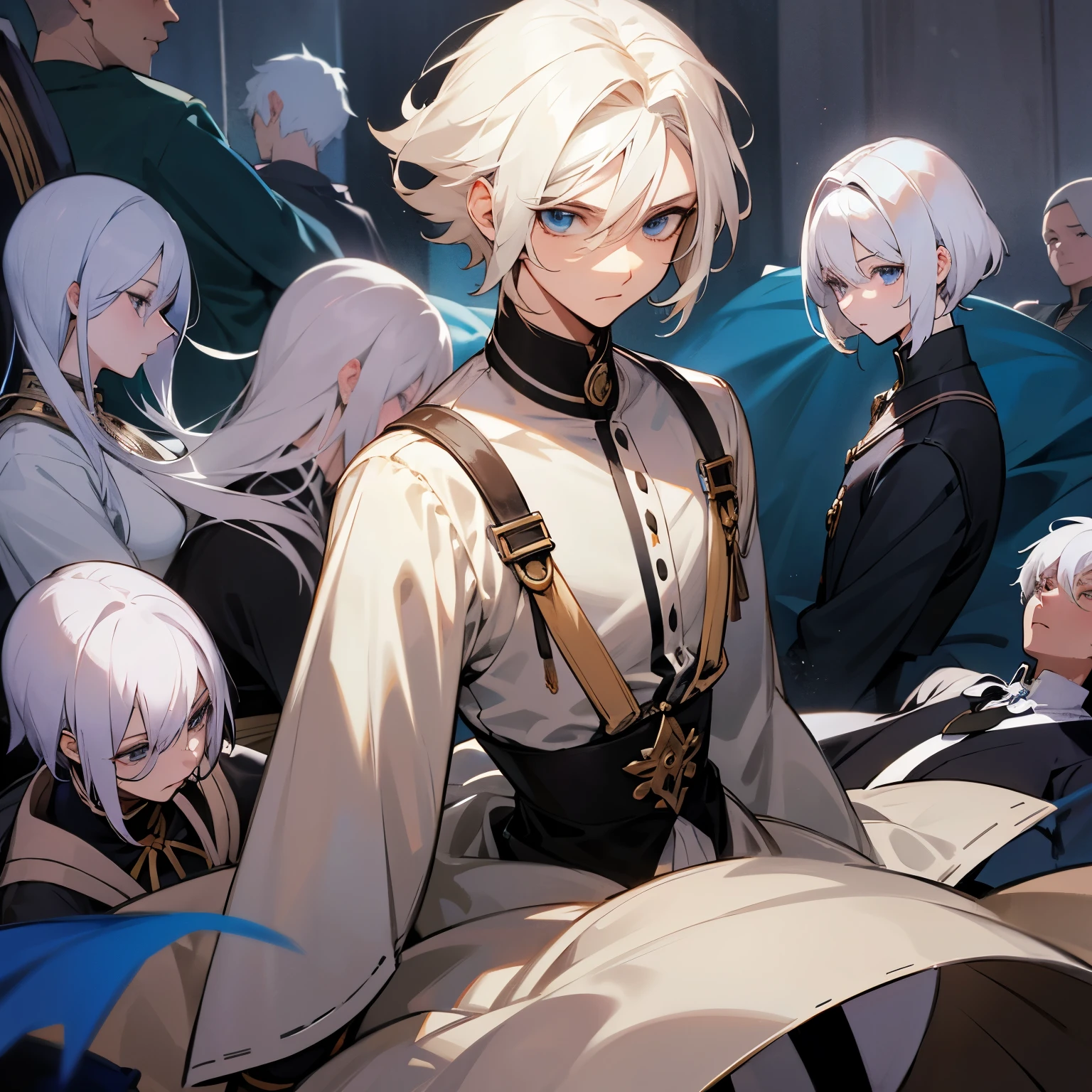 Personagens masculino de anime com cabelos brancos e roupas pretas com listras sinza com suspensorios pretos