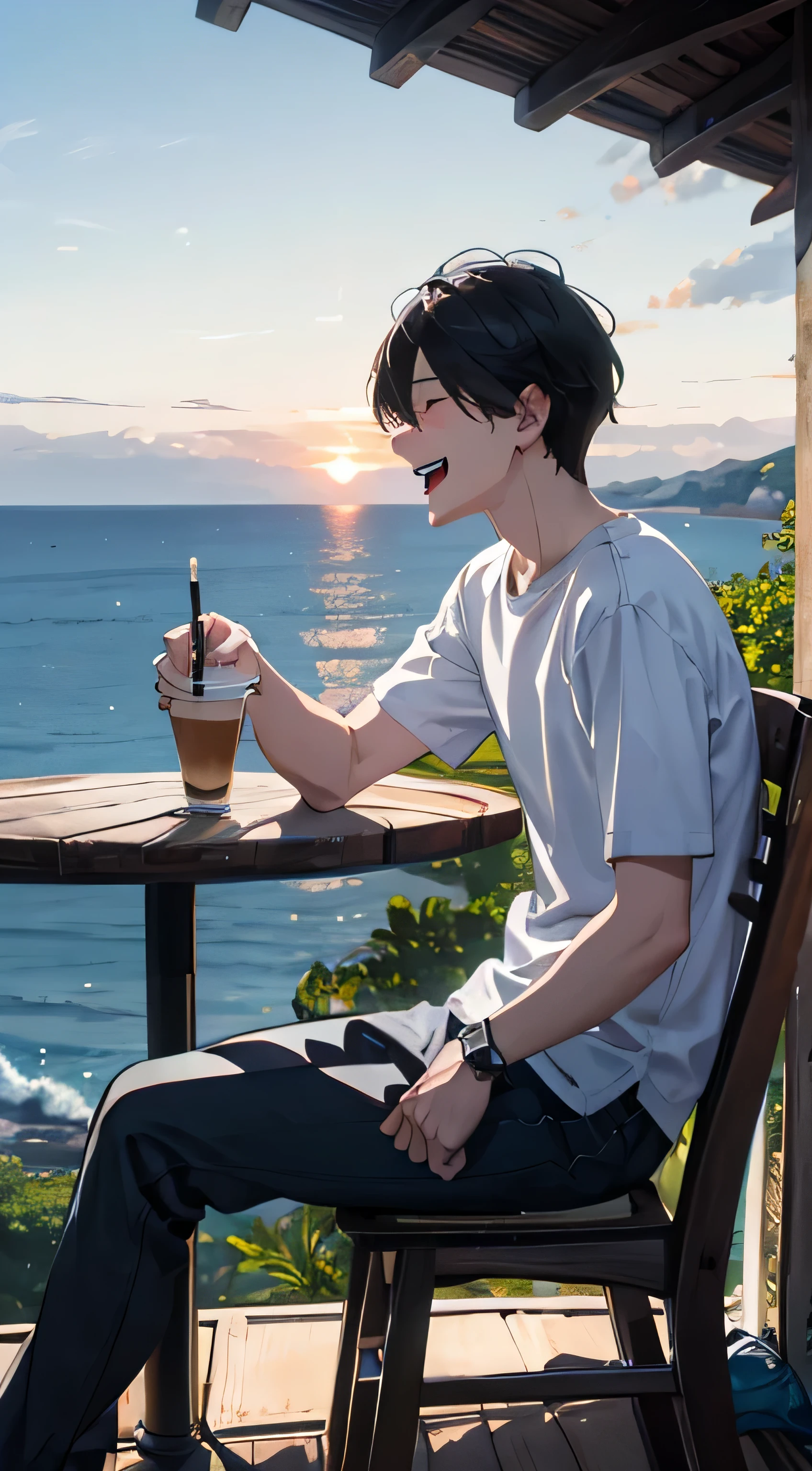 Dawn Morning、On a hill with a view of the sea、While sitting in a rocking chair、Wearing a white shirt and black pants、A man drinking coffee while looking at the sea。man laughing out loud。accurate human body。precise fingertips。