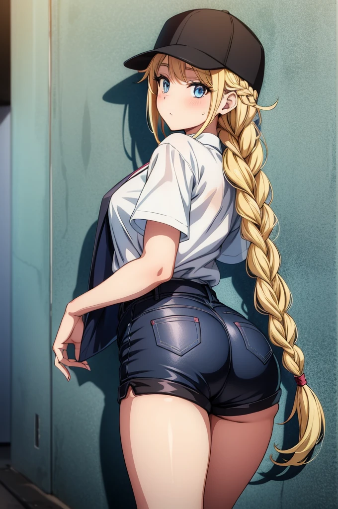 a anime women with long hair and high heels posing next to a wall, 1girl, braid, solo, long hair, blue eyes, blonde hair, shorts, hat, ass, shirt, white shirt, looking at viewer, looking back, thighs, baseball cap, twin braids, black headwear, short sleeves, blush