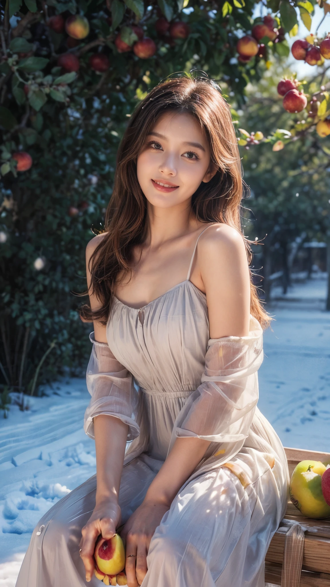 8k, masterpiece, RAW photo, best quality, photorealistic, extremely detailed CG unity 8k wallpaper, Depth of field, Cinematic Light, Lens Flare, Ray tracing, (extremely beautiful face, beautiful lips, beautiful eyes), intricate detail face, ((ultra detailed skin)) 1girl, in the dark, deep shadow, pretty Asian girl, idol, 1 girl, (very slim slender fit-muscled body:1.3), ((looking at viewer)),((big smile:1.3)), Women Summer Buffing Sleeve Off Shoulder Mini Dress a Line Flowy Swing Dress, Lavender Dress, verde claro, cetim, Este, vestido de cetim, organza silk, ((Standing in front of Guava Fruits trees)), ((too many Guava Fruits in trees)), ((Perfect yellow big size Guava Fruits)), ((Rose trees)), ((pine trees)), ((Snow Fall)), ((Snow Fall on fruits)), ((snow fall on trees)), ((Apple Orchards)), ((full apples in trees)), (((every tree have more fruits))), ((Grape orchards)), Sitting, Eating Fruits, ((Frozen Lake)), ((Detailed body parts)), Detailed fingers, Detailed body, Detailed fruits, detailed dress, 64k, (Best quality 1:2), (Best quality fruits 1:2)