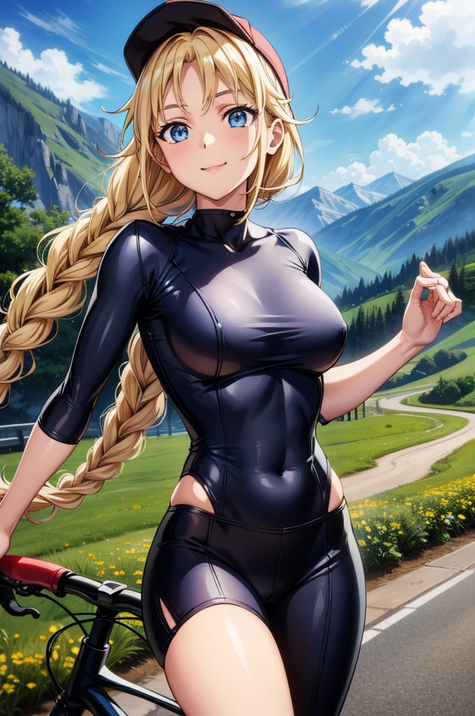 (masterpiece, best quality, intricate details,detailed light), a depiction of road bike trip, 1 girl,long flowing hair,driving a road bike on road in the mountains,mountains,sky,red V-neck bodysuit,sideslit,navel baring,light smile,Eiko Tsukimi, blue eyes, braid, twin braid, blonde hair, long hair,basebal cap,