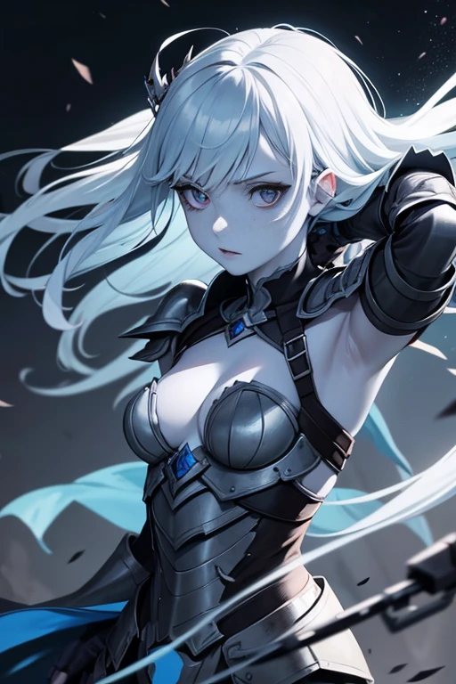Pale blue skinned, undead Queen, cut throat, small breasts, beautiful girl, chaotic armor, breaking free,