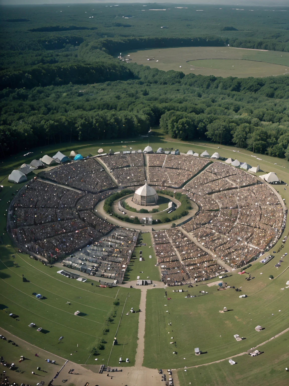 An iconic aerial view of the Woodstock festival grounds in 1969, showcasing the sea of humanity gathered to celebrate music, peace, and love. The sprawling expanse of tents, stages, and campfires evokes a sense of awe and wonder at the magnitude of the event. Masterpiece. Masterwork. Award-winning photography.
