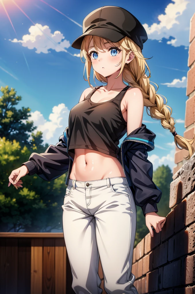 a beautiful young woman in black shirt and hat next to side of road, 1girl, outdoors, solo, breasts, blonde hair, navel, blue eyes, braid, long hair, day, twin braids, sky, hat, looking at viewer, collarbone, sports bra, stomach, blush, cloud, bare shoulders, blue sky, pants, black headwear, midriff