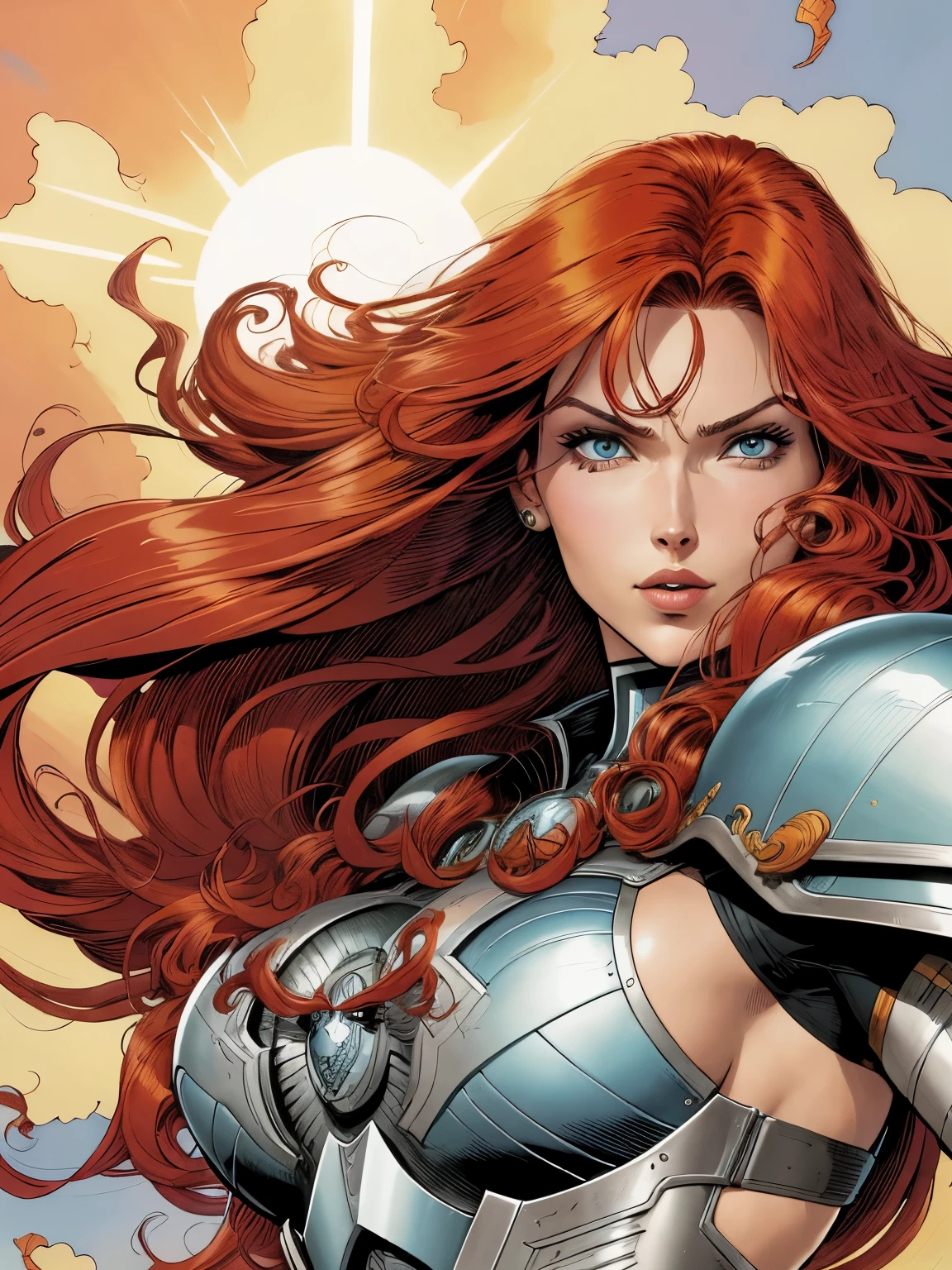 ESTILO COMICS, COLORIDO, CONTORNO TINTA PRETA, DEMARCADO, A BEAUTIFUL REDHEAD WOMAN WITH LONG HAIR FLYING IN THE WIND, VESTINDO UMA armadura E segurando uma espada, INSPIRADO EM J.. Scott Campbell, marc silvestri, deusa ruiva