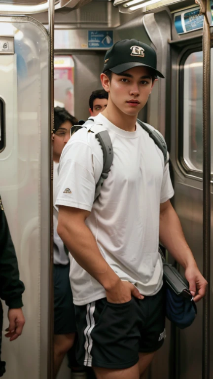 1 person,A 20-year-old man in the subway,Standing in a subway car,Ultra-flat head,Brown baseball cap,white tight t-shirt,A Gray Sports Shorts,leg apart,musculous,Handsome,Looking at the phone,Sport backpack,white short socks,White sneakers,exhilarated,Be red in the face,full bodyesbian,Exposing thighs,Expose calves,Thick leg hair,In crowded subway cars,gentlesoftlighting,tmasterpiece,best qualtiy,8K UHD,digital SLR camera,filmgrain,Fujifilm XT3 Realistic painting art,Written by Midjourney and Greg Rutkowski