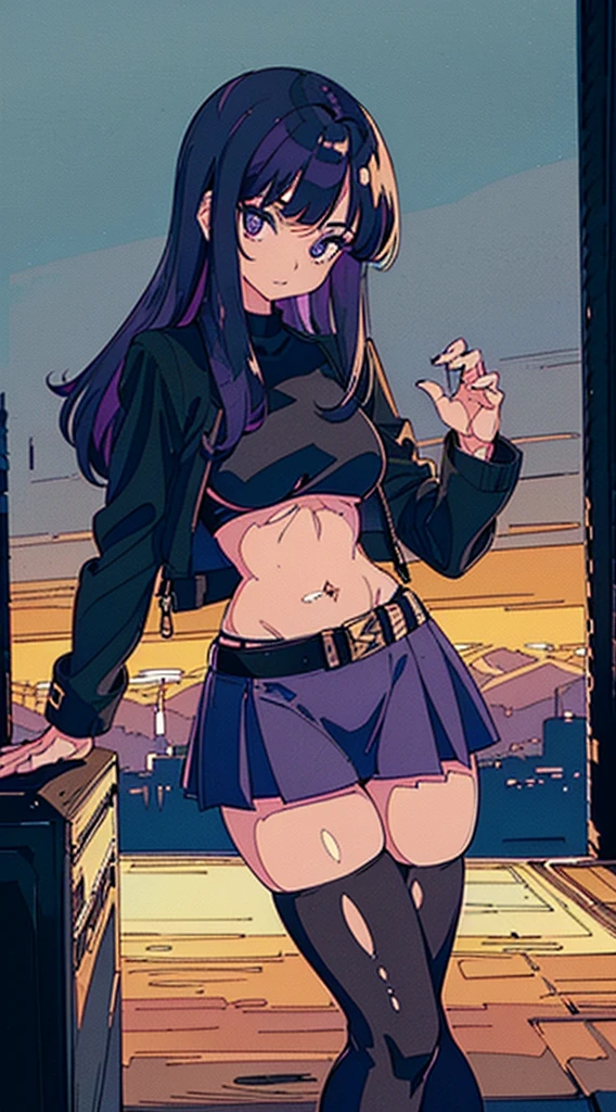 1990s, (masterpiece), high-definition, detailed face, cute girl, abs, (big tits: 1.4) big hips, round ass, (black hair with dark purple highlights: 1.4), (tight grey t-shirt: 1.4), (black jacket: 1.4), (purple tight skirt: 1.3), belt, (black thong: 1.2), thigh high stockings, boots, fishnet, pin-up pose, balcony