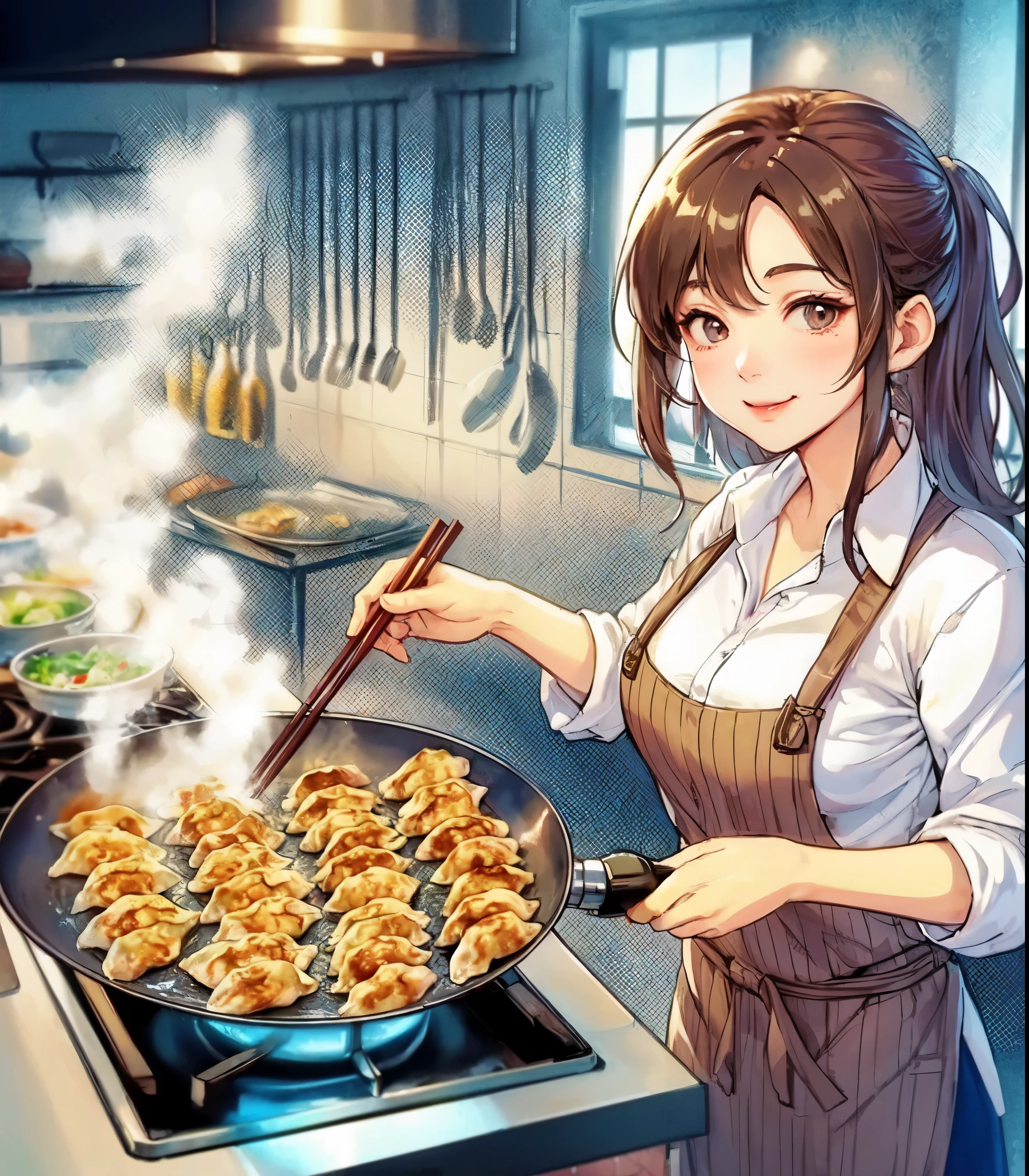1lady solo, (cooking (gyoza dumplings):1.2), chef (stylish outfit) apron, mature female, /(light brown hair/) bangs, light smile, (masterpiece best quality:1.2) delicate illustration ultra-detailed, large breasts BREAK (dumplings on the pan:1.1) (arranged in a spiral:1.1), baked, sizzle BREAK (Chinese restaurant kitchen) indoors, vegetables, bottles of spices