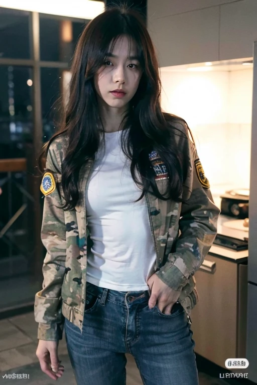 best quality, Masseter muscle film, ultra high resolution, (lifelike:1.4), original photo, professional lighting, High level of image quality, high detail, Masterpiece、Very detailed、Cyberpunk city at night、Full body portrait of beautiful female model,a beautiful face,Perfect body,Long wavy hair,She is wearing a camouflage jacket、unbuttoned jacket,skinny jeans、(badge:1.2),(Dirty face、Blood on the face:1.3),Highly detailed eyes,beautiful big eyes,Blood from the corners of the mouth,bloody bandage,(beautiful long legs:1.6),Sweaty legs,BDSM , slavery, (sharp focus:1.2), Very detailed, (lifelike:1.4), (The original image, 8K high resolution:1.2), RAW candid movies, 16 mm, Color graded Portra 400 film, Surreal, subsurface scattering, Ray tracing, (Volumetric lighting)