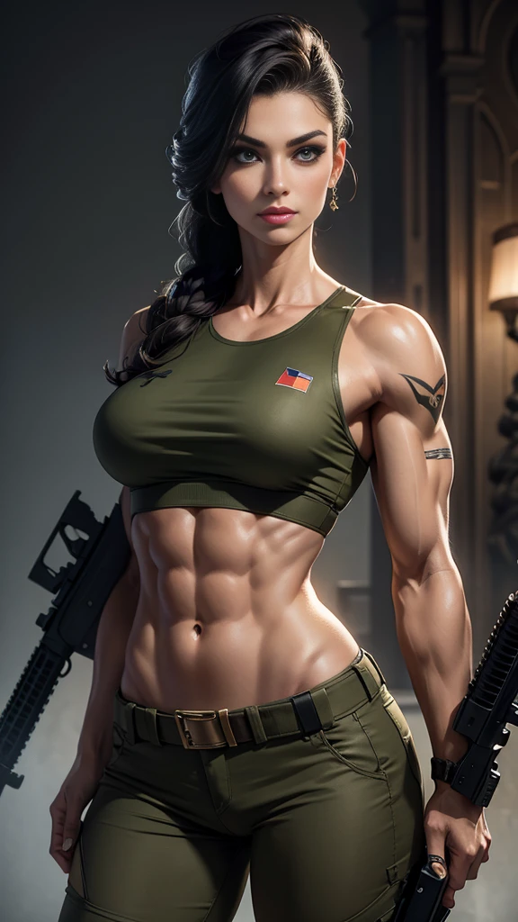 A gorgeous and stunning female soldier holding a rifle smirking, tall, statuesque, imposing, towering, biceps, triceps, eight pack abs, extremely defined abs, tank top, wide shoulders, narrow hips, narrow waist, huge breasts, slim, slender, toned, long eyelashes, make up, perfect eyes, eyeliner, perfect lips, long fingers, delicate fingers, long nails, supermodel, tattoo on shoulder, (military uniform)