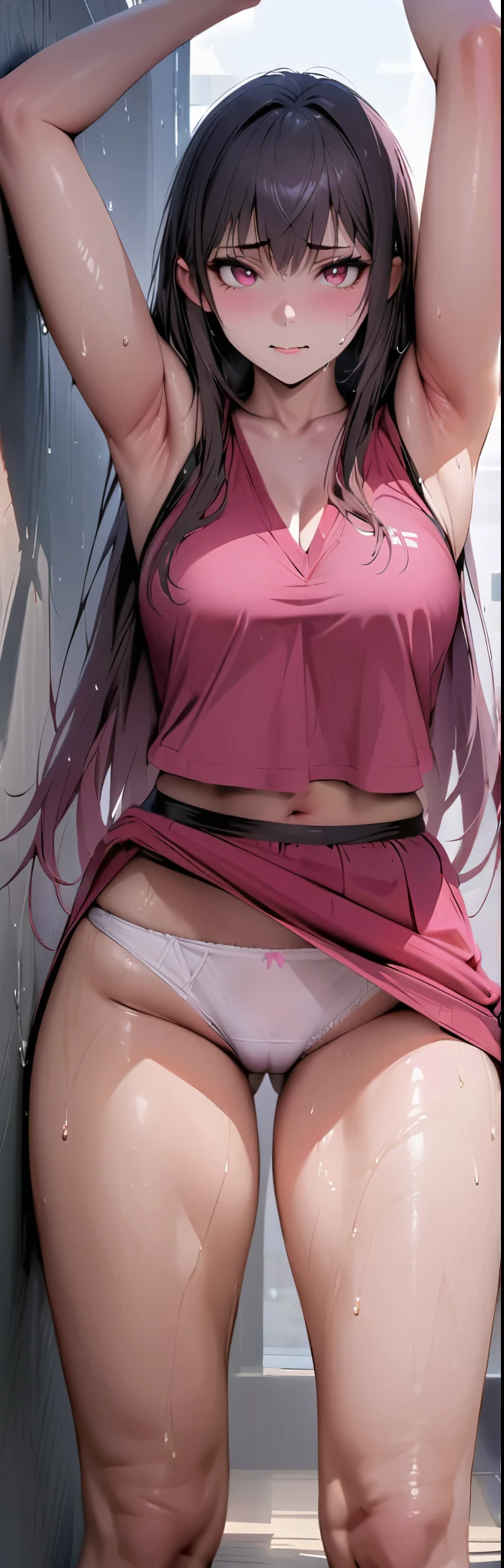 (masterpiece, best quality: 1,2), 1girl, solo,standing_split,
Yuuki Mikan, long hair remaining on the floor, short black sleeveless vest, pink skirt, black, completely realistic, realistic face, perfect face, perfect eyes, showing her cut pussy through her panties, tired, tired expression, sweaty, all wet of sweat, naughty eyes.