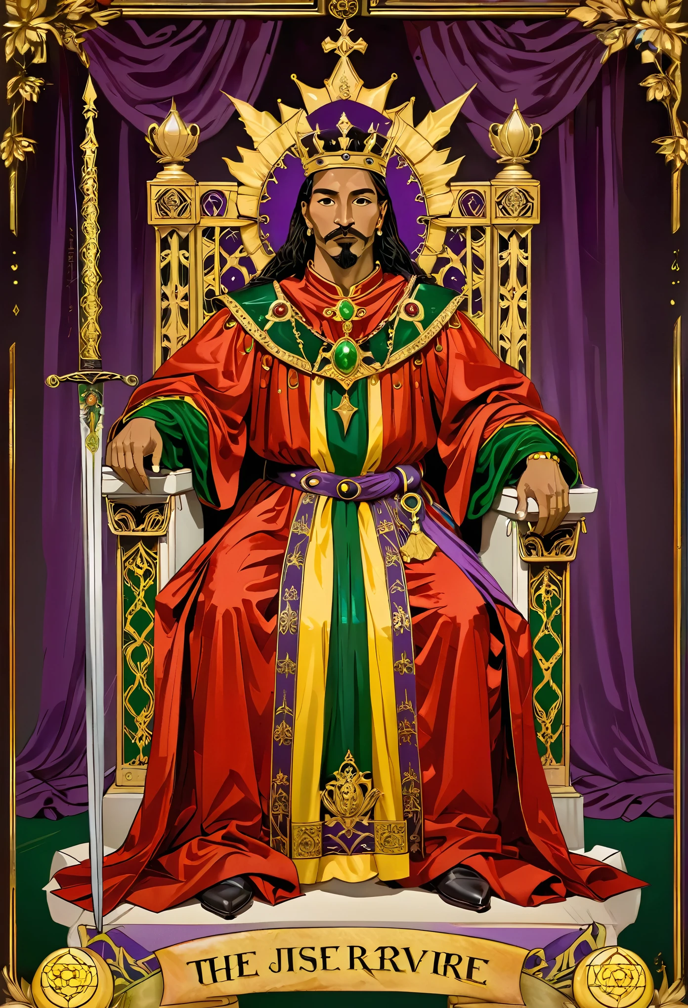 taluopai，border，Tarot Cards，the tarot card of the king in red robes, sitting on throne holding sword and scales with crown above head, purple curtain behind him, yellow border around figure, green sash over shoulders, text at bottom saying "JUSTICE" , simple background, by Johnbone del copo,