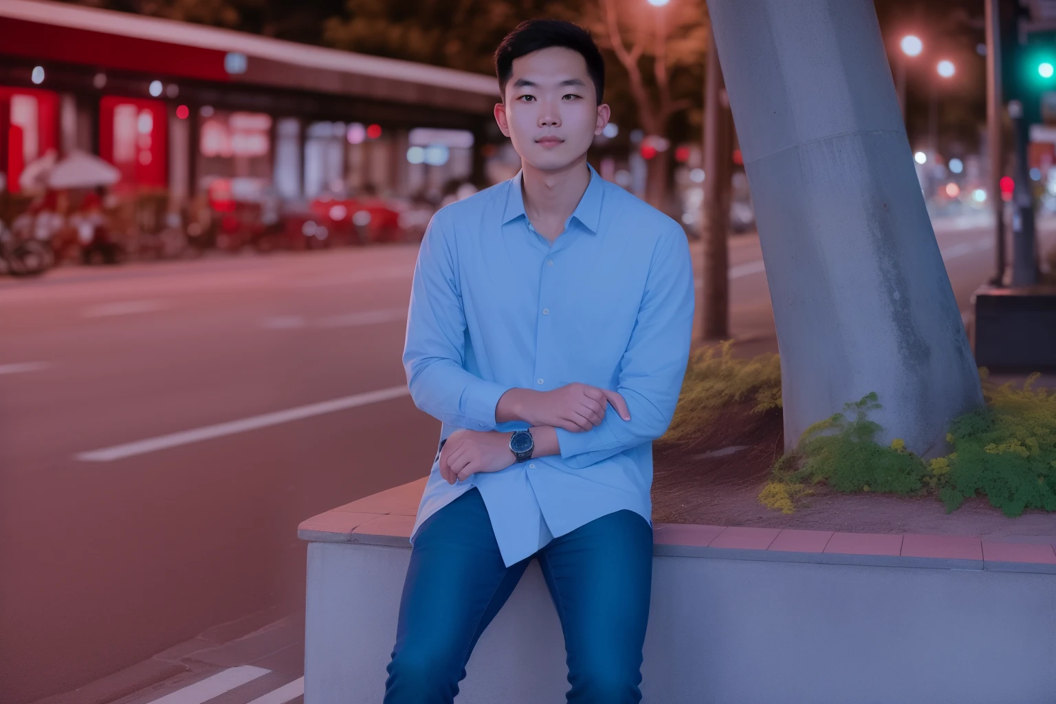 arafed man sitting on a concrete bench in the middle of the street, mid shot portrait, hoang long ly, photography shot at blue hour, shot on canon eos r5, shot on canon eos r 5, casual photography, harsh flash photo at night, shot on nikon z9, in style of lam manh, casual pose, shot on leica sl2