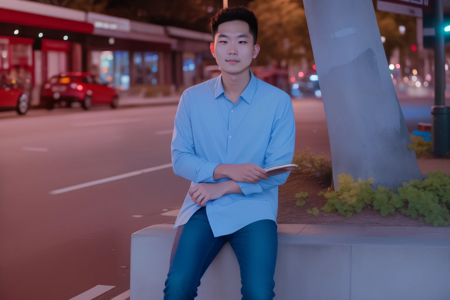 arafed man sitting on a concrete bench in the middle of the street, mid shot portrait, hoang long ly, photography shot at blue hour, shot on canon eos r5, shot on canon eos r 5, casual photography, harsh flash photo at night, shot on nikon z9, in style of lam manh, casual pose, shot on leica sl2