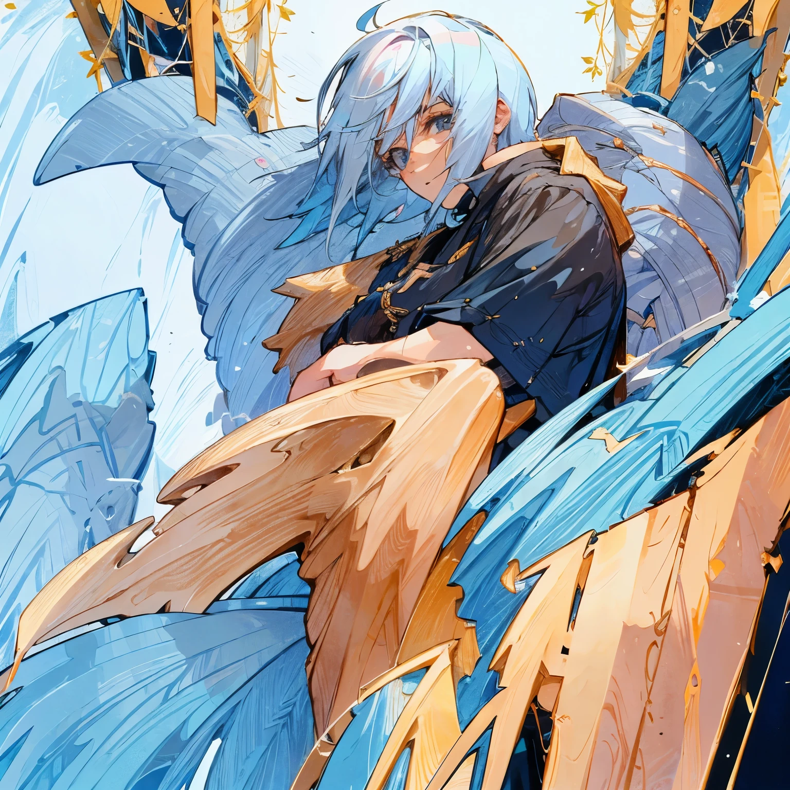 Personagens masculino de anime com cabelos brancos e roupas pretas com listras sinza