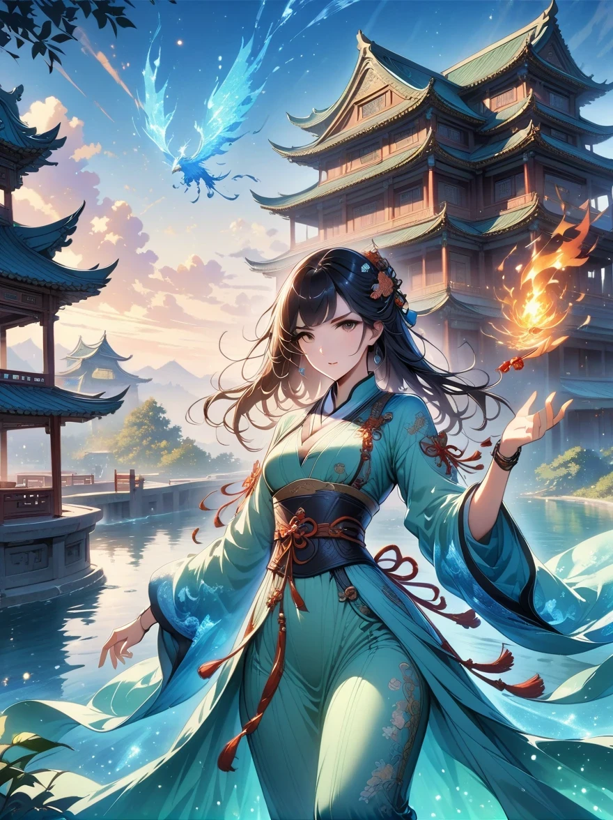 official art, unity 8k wallPaper, Super detailed, Beautiful and beautiful, masterpiece, best quality, (fire, water, ribbon, Paper cutting), (fractal art:1.3) 1 girl,architecture, (alone:1.5), Chinese_clothing, Sky, outdoor, Wide_sleeve, Black_hair, Sunset, (come down_foliage:1.2), Entern, (Paper_lEntern:1.5),blue Sky, (outdoor:1.5),hanfu, (Rainbow Candy:0.8), (Style Swirl Magic:0.8),