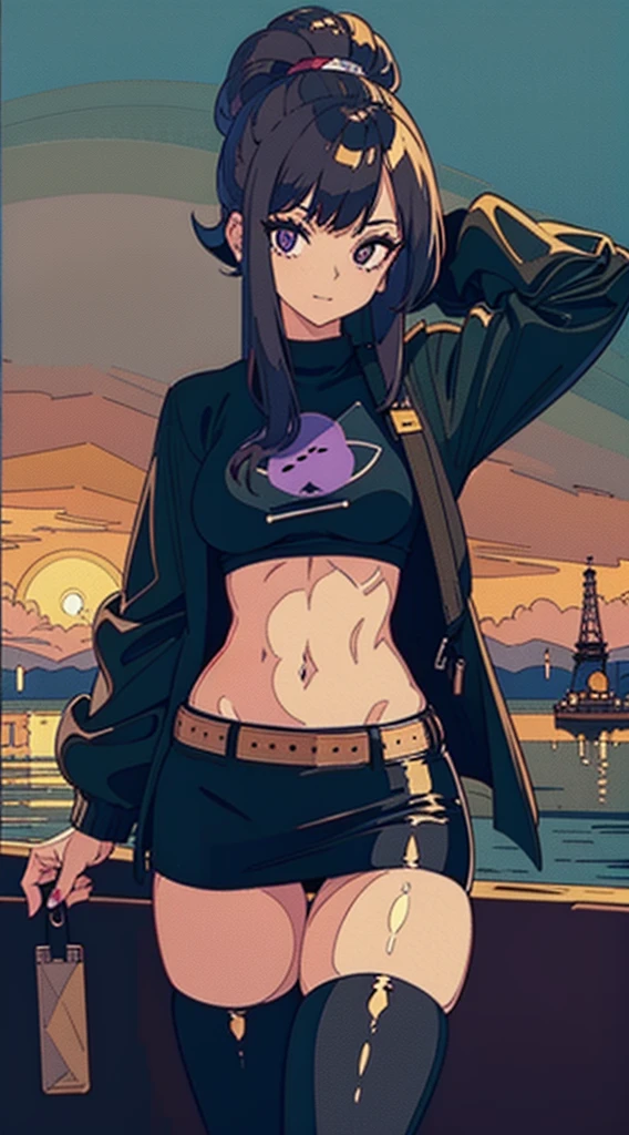 1990s, (masterpiece), high-definition, detailed face, cute girl, abs, (big tits: 1.4) big hips, round ass, (black hair with dark purple highlights: 1.4), (tight grey t-shirt: 1.4), (black jacket: 1.4), (purple tight skirt: 1.3), belt, (black thong: 1.2), thigh high stockings, boots, fishnet, pin-up pose, alleyway, sunset
