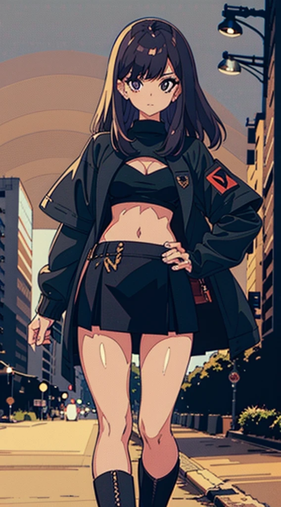 1990s, (masterpiece), high-definition, detailed face, cute girl, abs, (big tits: 1.4) big hips, round ass, (black hair with dark purple highlights: 1.4), (tight grey t-shirt: 1.4), (black jacket: 1.4), (purple tight skirt: 1.3), belt, (black thong: 1.2), thigh high stockings, boots, fishnet, pin-up pose, alleyway, sunset