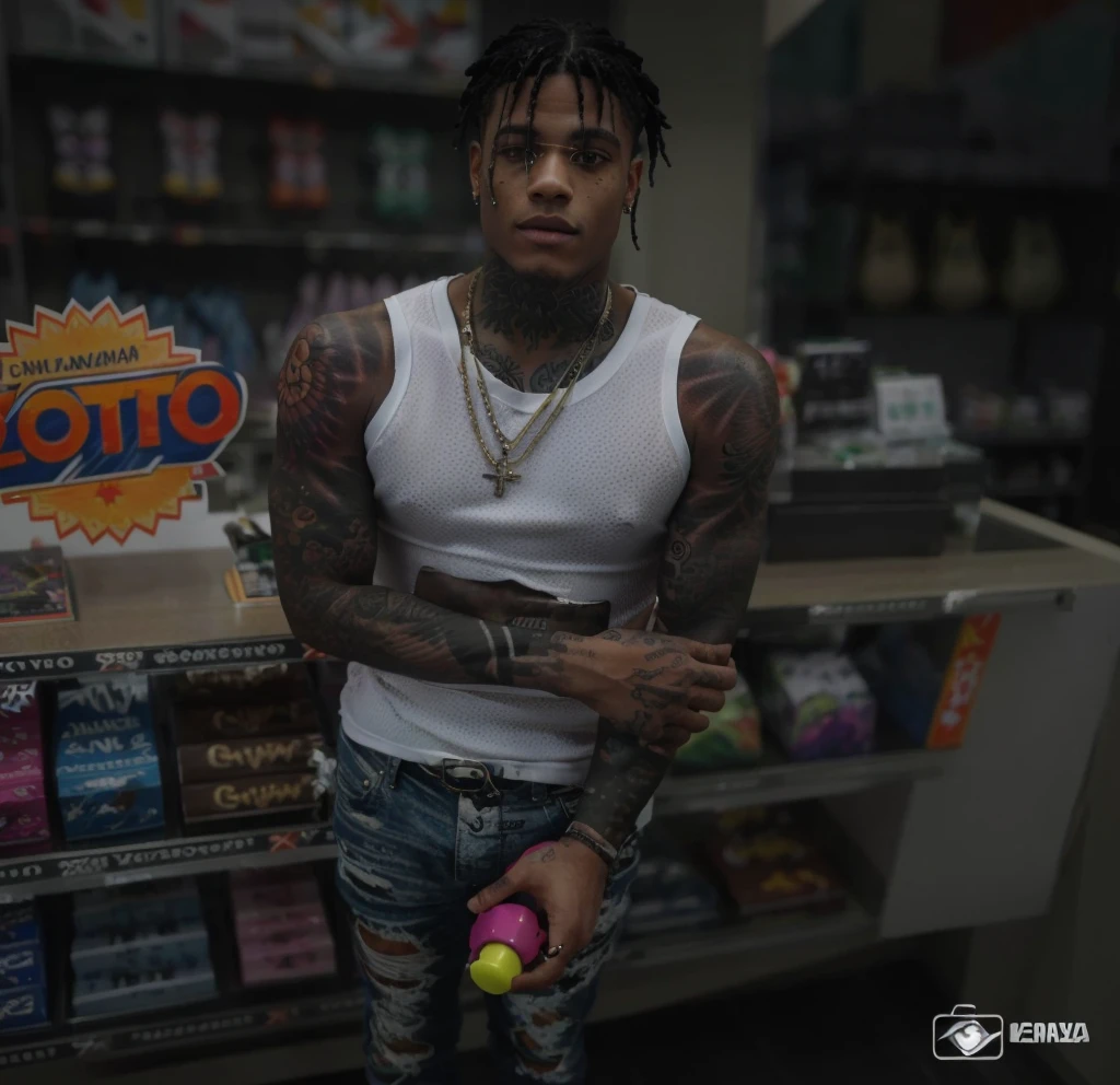 there's a tattooed man in a store with a toy, sem capuz | | sombreado realista, foto de corpo inteiro hiperdetalhada, xxxtentacion, highly corpo inteiro detalhado, corpo inteiro detalhado, 8k realista, corpo inteiro detalhado, cara hiper realista