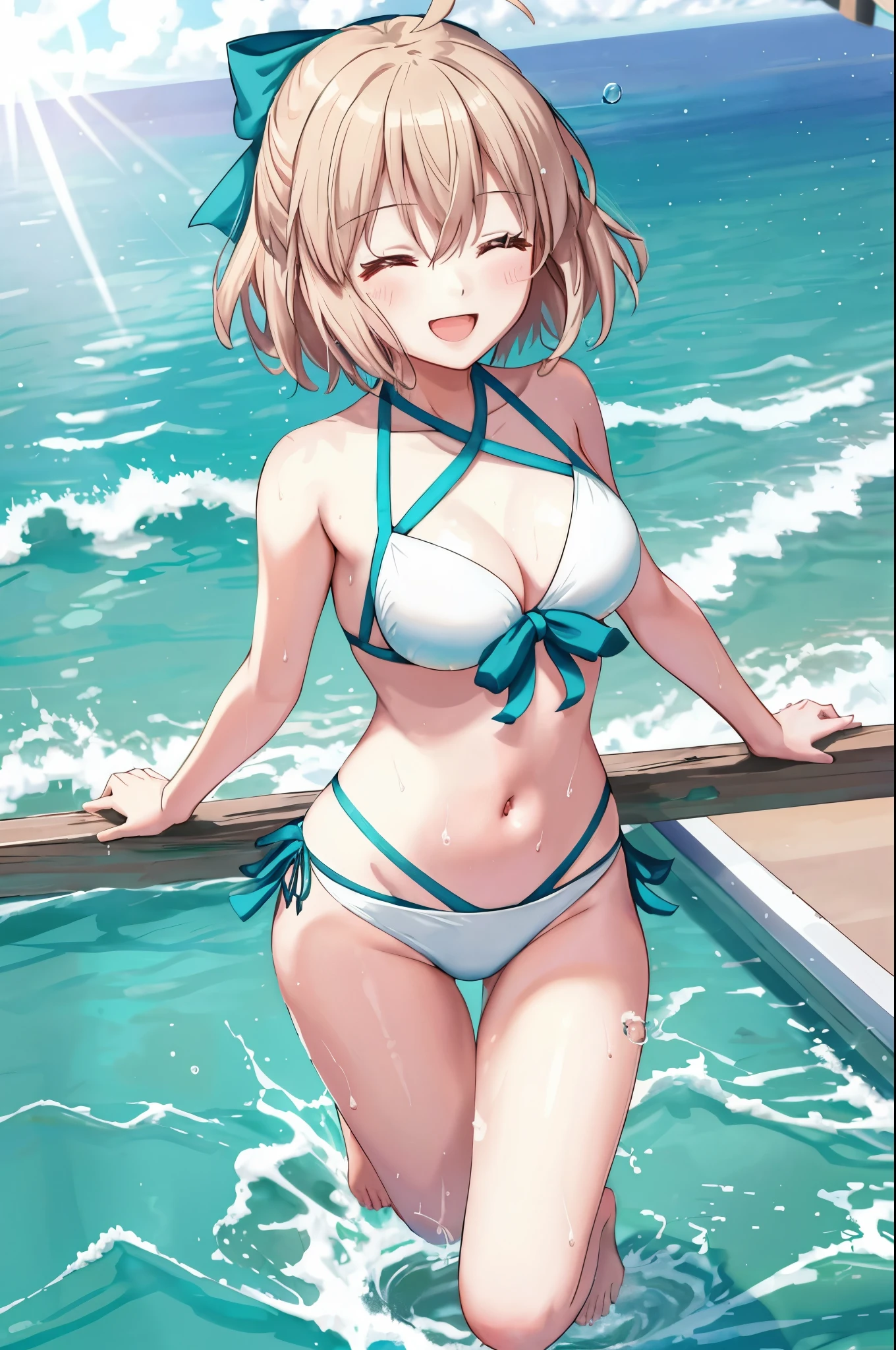 masterpiece, best quality,extremely detailed CG unity 8k wallpaper,
1girl,okita souji \(fate\), swimsuit,bikini,
 smile,open_mouth,dynamic_jumping,sunlight,splash_of_water,happy,closed_eyes,