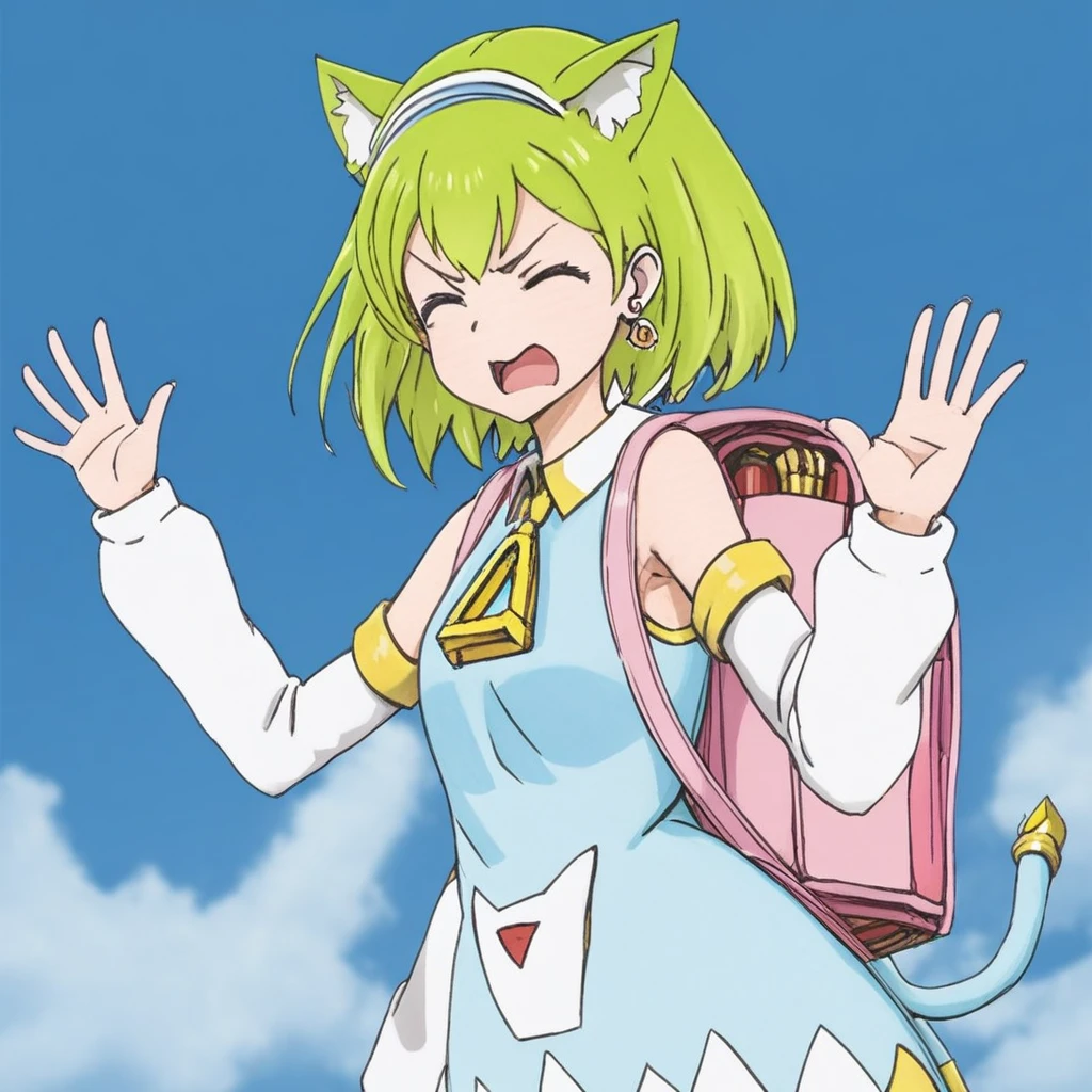 1 girl,Deltamon,blue tail,
looking at the viewer,angry face,blue sky,from below,open your mouth,raise one hand,Close ~ eyes