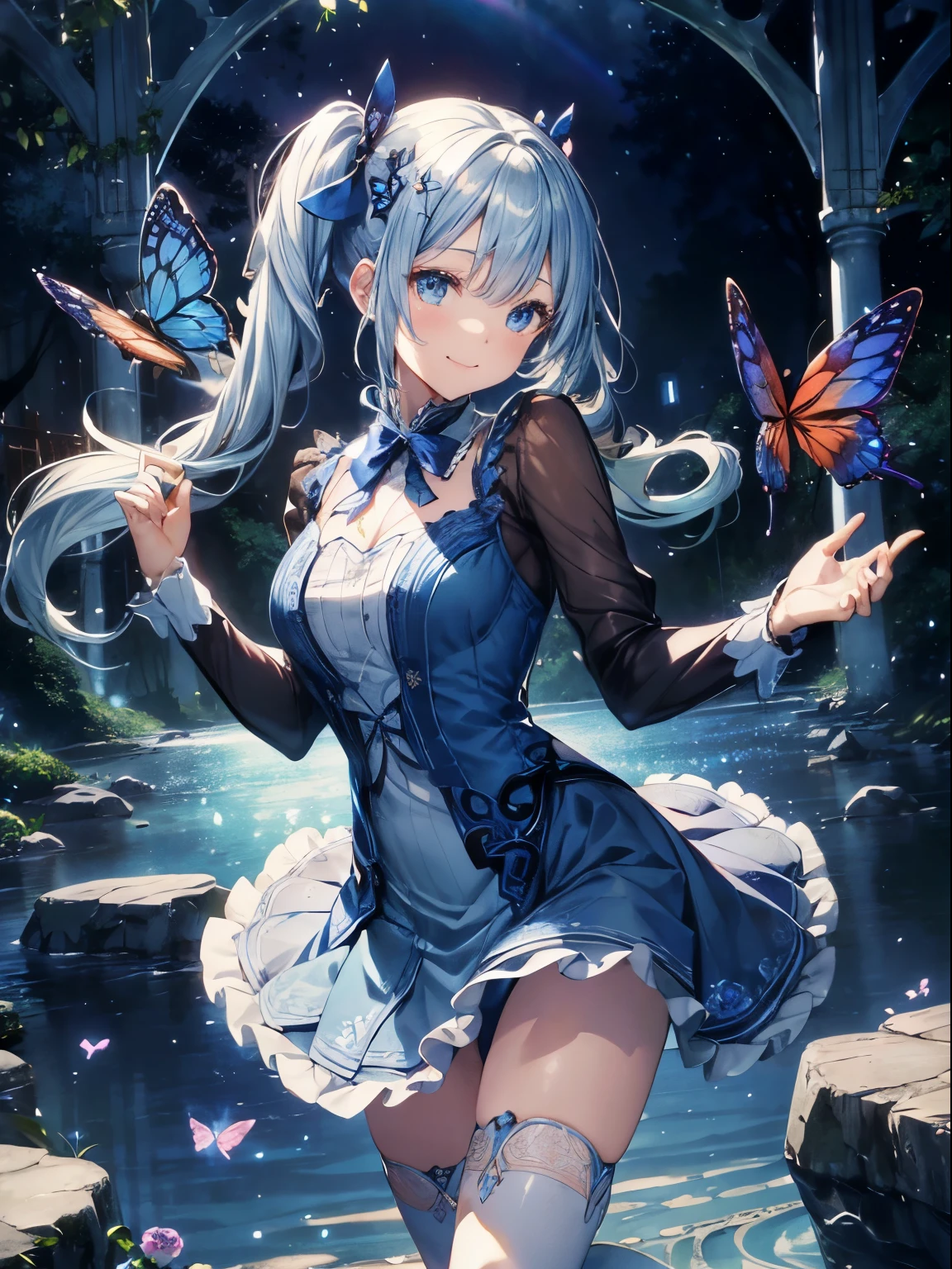 Blue rose、rose garden、adventure、(table top:1.3), (8K, realistic, Raw photo, highest quality: 1.4), beautiful face, (realistic face), detailed and beautiful eyes, (realistic skin), Charm, intricate details,golden ratio, 1 girl,いたずらなsmile, (rainbow色の髪:1.4),((long twin tails,Ribbon 1.4)),Blue dress-through butterfly hair ornament 1.3),dynamic pose,dynamic angle,intricate details, surreal、laughter、smile、facial enhancement、Lake in the morning、wood、Asahi、goblin、water、heaven、rainbow、enamel