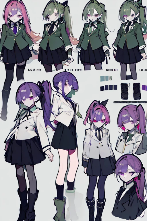 purple eyes, perfect face, pink chopped bangs with Left side long ponytail tied with a ribbon, white blazer with four bottoms with black long sleeve, lapis dark green crossover tie, and black skirt, wearing a boots with knee length stocking standing , character sheet side view, One girl 