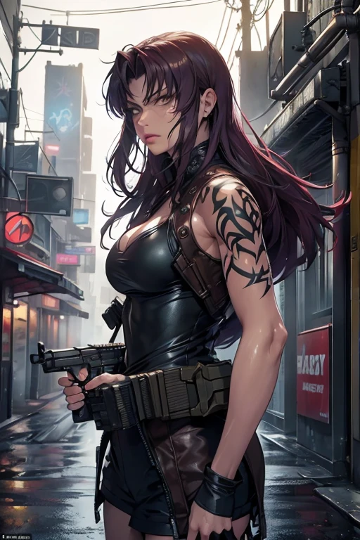 (high quality,realistic),(cyber punk,SF) ,beautiful girl, anime「black lagoon」Levi of, cleavage, Fair skin, long hair, machine arm, have a pistol (Bright colors,neon light),(dystopian city,futuristic building), (technical equipment,advanced technology),(cigarette,vapor),(dark alley,reflective puddle),(Rainy night,heavy rain),(Luminous tattoo, complicated pattern),(street art,mural),(metal reflection,shimmering surface),(intense gaze,expressive eyes),(sharp focus,Super detailed), (rough atmosphere,urban decline)