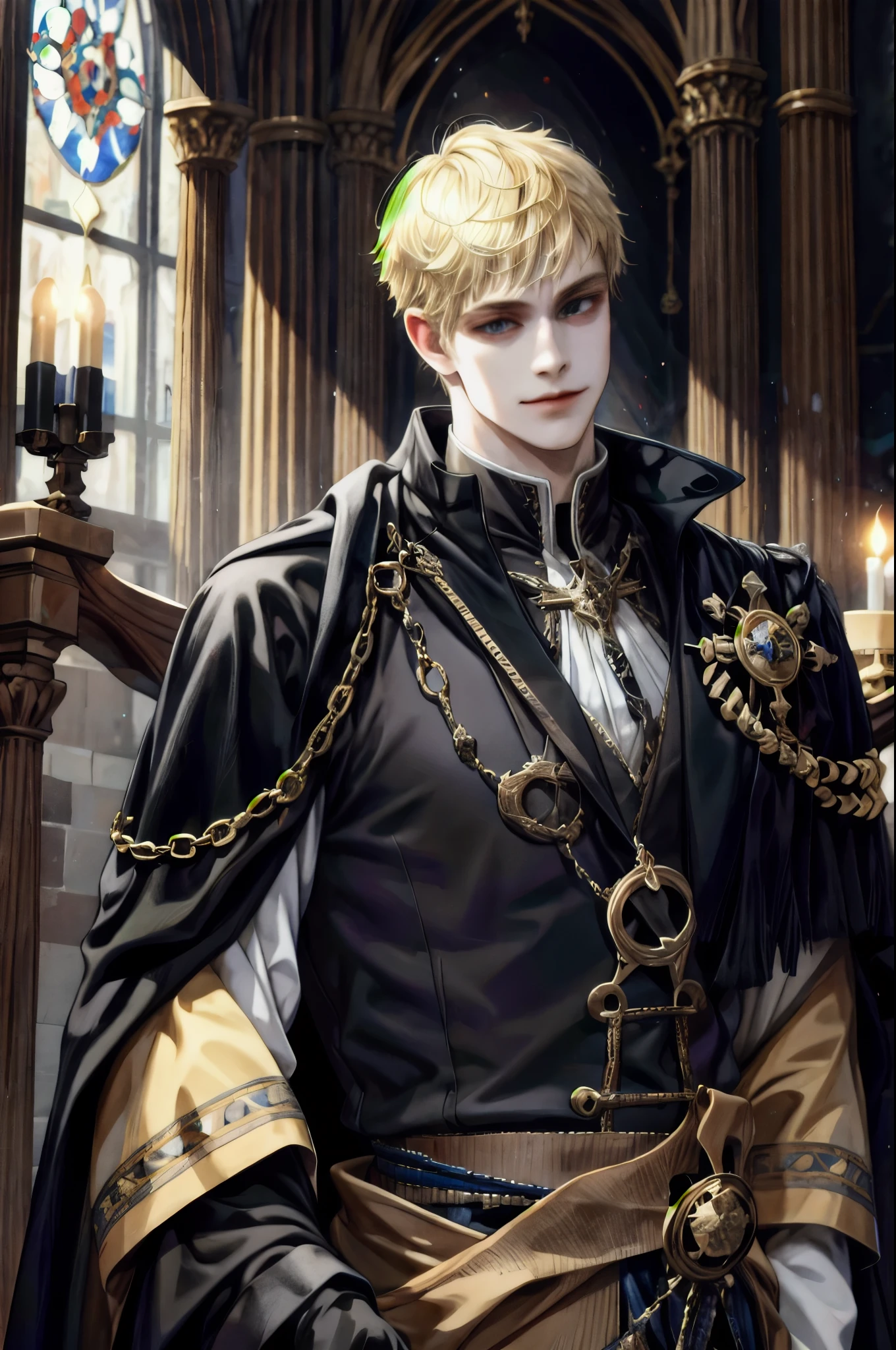 (absurdres, highres, ultra detailed), 1boy, solo, , aged (short blonde hair), royal, nobleman, Baroque, black outfit, long sleeve, elegant, colorful, highest detailed, upper body, cathedral, light smile, frontal, (closed mouth)