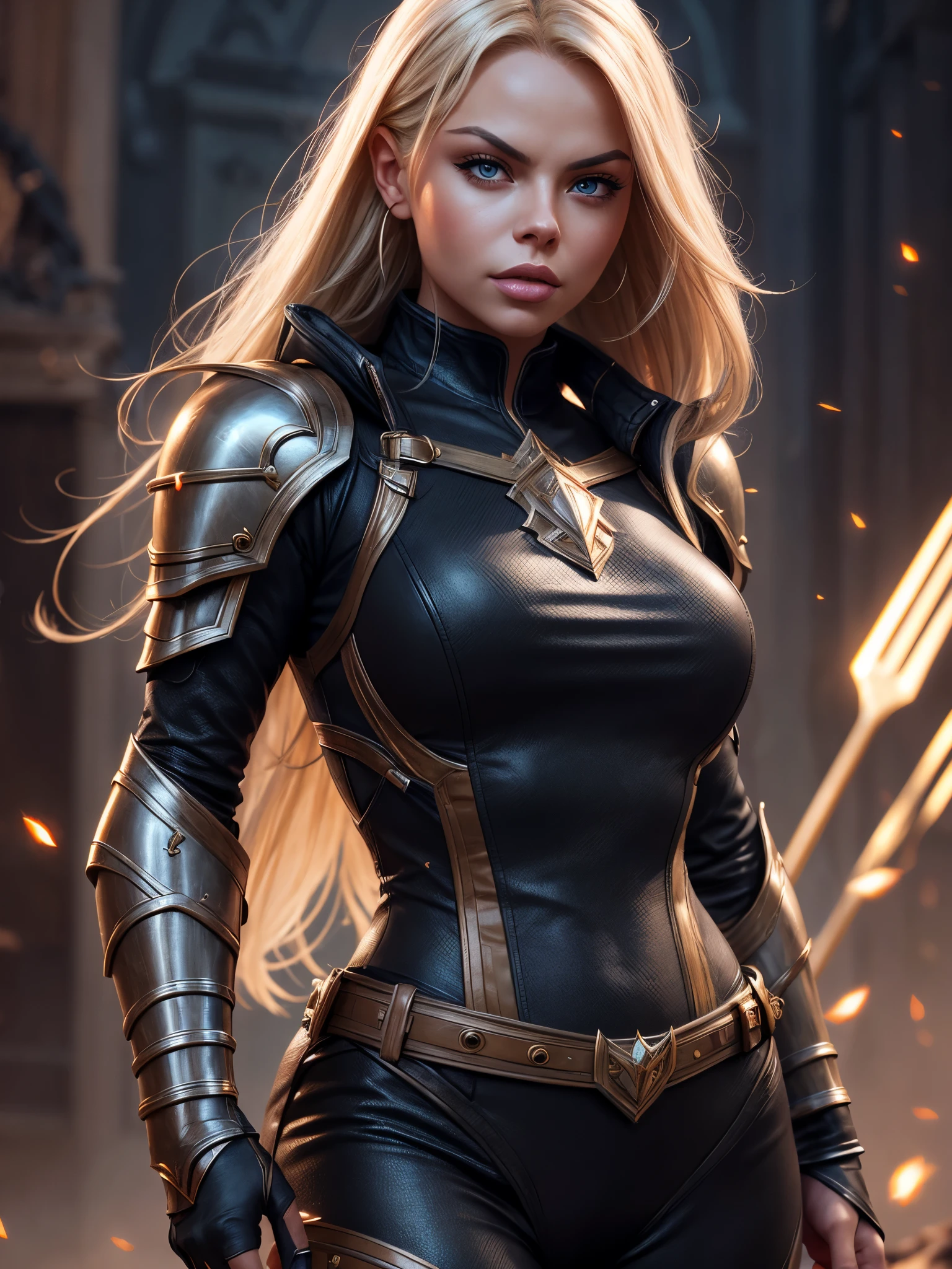 (JesseJane_v1:1.0), full body photo, gorgeous blonde woman (JesseJane_v1:1.0), a close up, in a black leather outfit, artgerm ; 3d unreal engine, wlop and artgerm, unreal 5. rpg portrait, in leather armor, small character. unreal engine 5, artgerm julie bell beeple, unreal engine character art, wojtek fus, aly fell and artgerm, beautiful female knight