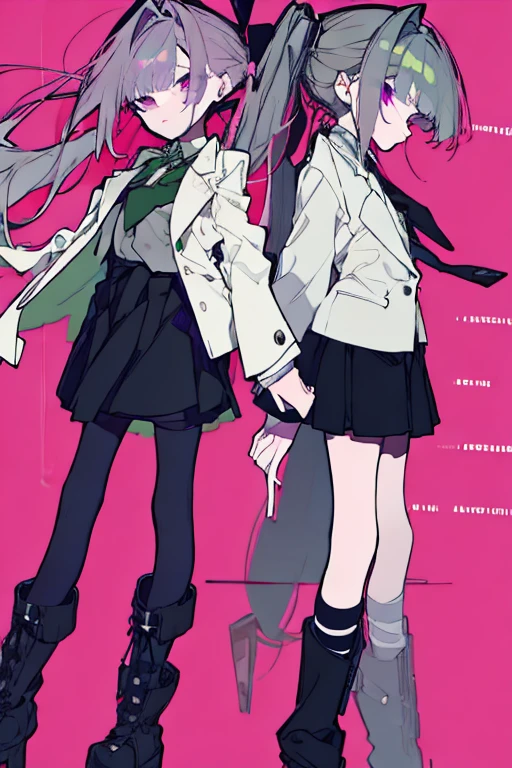 purple eyes, perfect face, pink chopped bangs with Left side long ponytail tied with a ribbon, white blazer with four bottoms with black long sleeve, lapis dark green crossover tie, and black skirt, wearing a boots with knee length stocking standing , character sheet side view, One girl