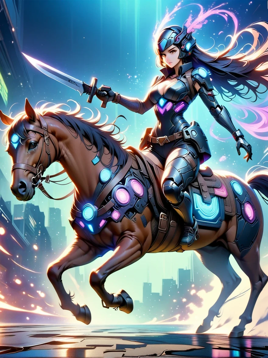 ((imagine))，((whole body))，Beautiful cyberpunk woman wearing dark blue Sengoku armor, Riding a ghost horse, Mechanical arm holding a long knife, blue background, cyberpunk style, like style, anime aesthetics, (anatomically correct)