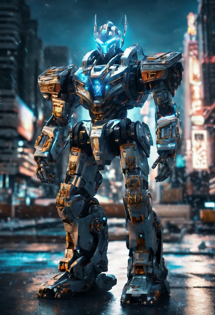 (best quality,highres,masterpiece:1.2),ultra-detailed,realistic:1.37,powerful Megazord transformation sequence,3D rendering,sci-fi,mecha,motion blur,explosive sparks,dynamic poses,glowing energy,metallic armor,intricate mechanical parts,lasers and beams,futuristic cityscape,dramatic lighting,heroic stance,vivid colors, A suit with icy blue and white colors, like snow and ice. This Ranger can freeze enemies with ice blasts, create protective ice shields, and summon blizzards to slow down foes.