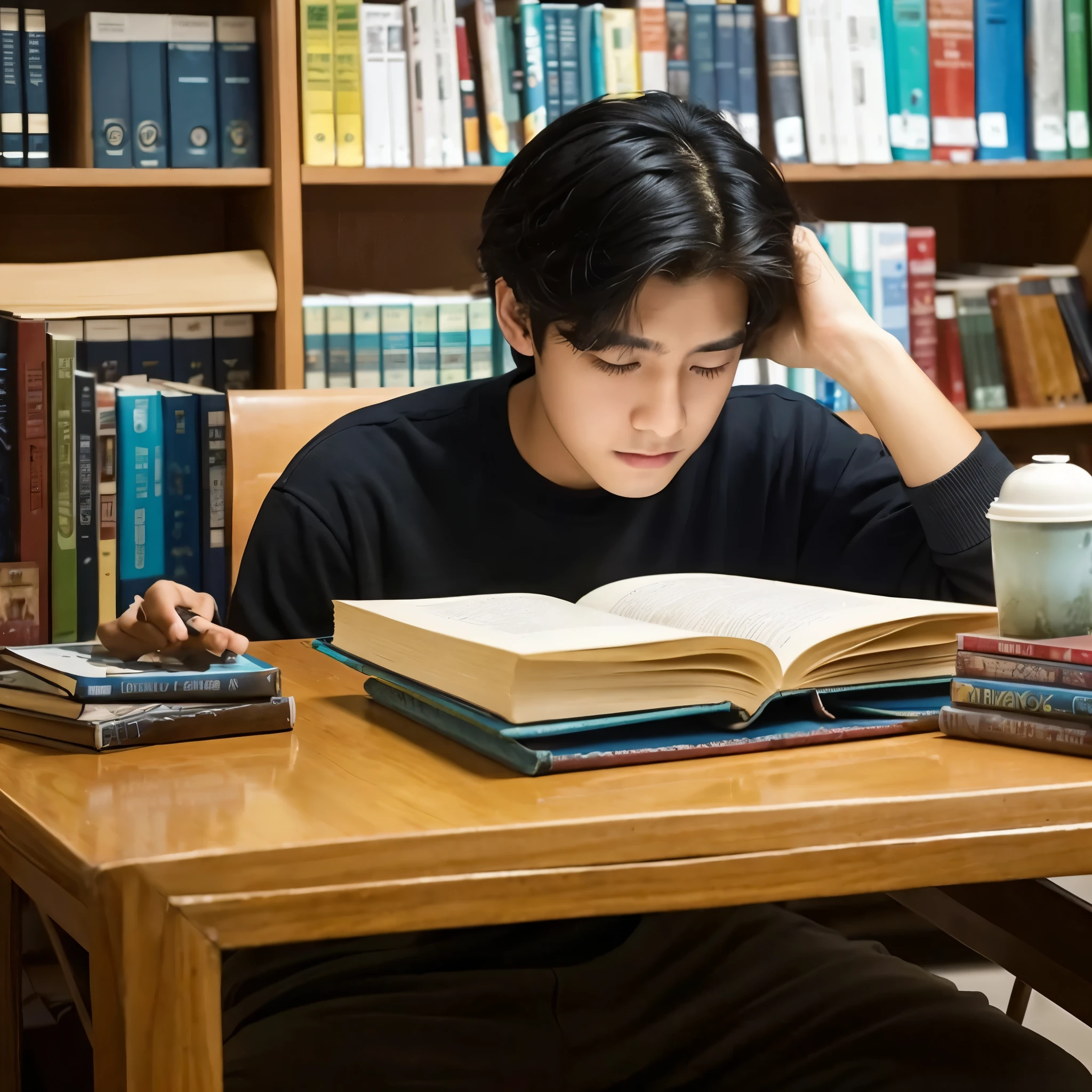 A teenage boy sitting at a table inside a public library looking up , slight acne her black hair coving most of his face you can barely see he’s eyes and face glasses slightly tilted down and one hand resting on the book the other under the table ,behind him are  book shelves and other coffee tables behind extremely realist close to his face 