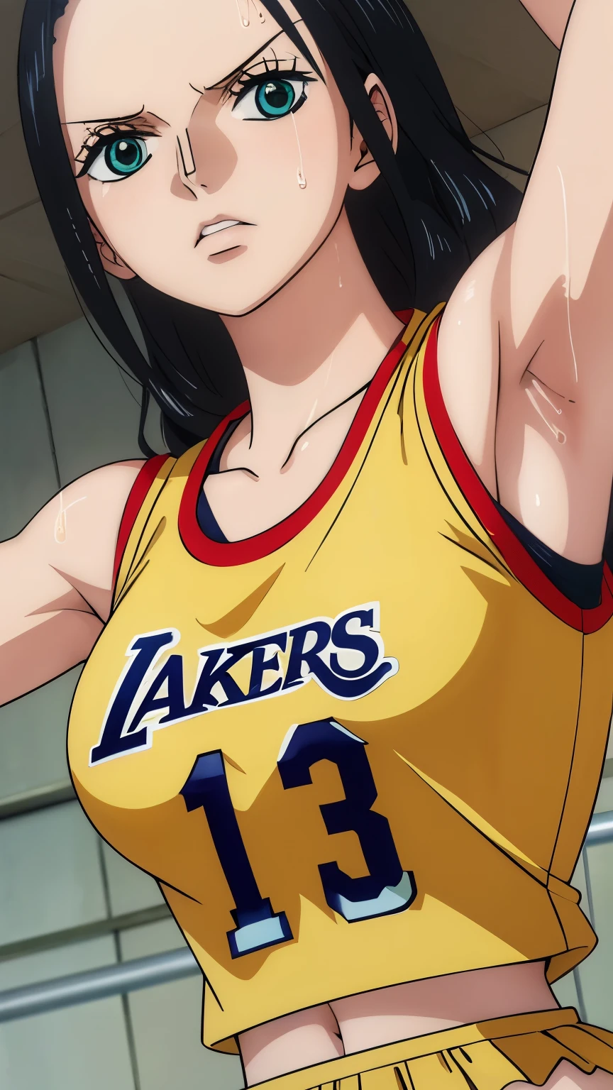 a close up of a person wearing a basketball uniform, a picture, inspired by Kentaro Miura, trending on pixiv, Nico Robin, One Piece, wearing yellow nba jersey, yellow croptop nba jersey, wearing a low cut croptop, wearing croptop, croptop, the word "Lakers" on the croptop, golden raito, (winking), shirobako, large)}], favorite scene, fine details. anime. skins, sweating, big breasts, both hands raised, armpits, armpits visible, dripping with sweat, more more sweat, sweaty armpits