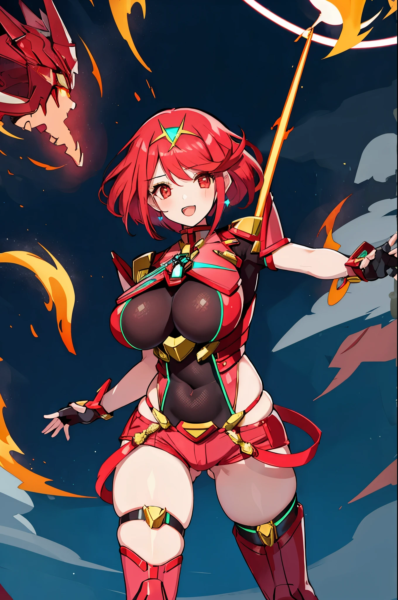 pyra \(xenoblade\), young_teen_1girl, armor, bangs, black gloves, breasts, red eyes, closed mouth, earrings, eyelashes, fingerless gloves, floating hair, framed breasts, gem, gloves, hair ornament, headpiece, jewelry, big_breasts, leaning back, leotard, neon trim, official art, pose, red hair, red shorts, saitou masatsugu, short hair, short shorts, short sleeves, shorts, sidelocks, skin tight, solo, standing, swept bangs, thighhighs, tiara, night_prairie_background, turtleneck, underbust, vambraces, xenoblade chronicles \(series\), (xenoblade chronicles 2), apart_legs, fire_effect,dynamic_pose_fighting,light_smile, (plump:1.1), big_ass,huge_sword, hold_large_sword_hilt, solo, covered_nipples, covered_pussy,open_mouth,back_view,