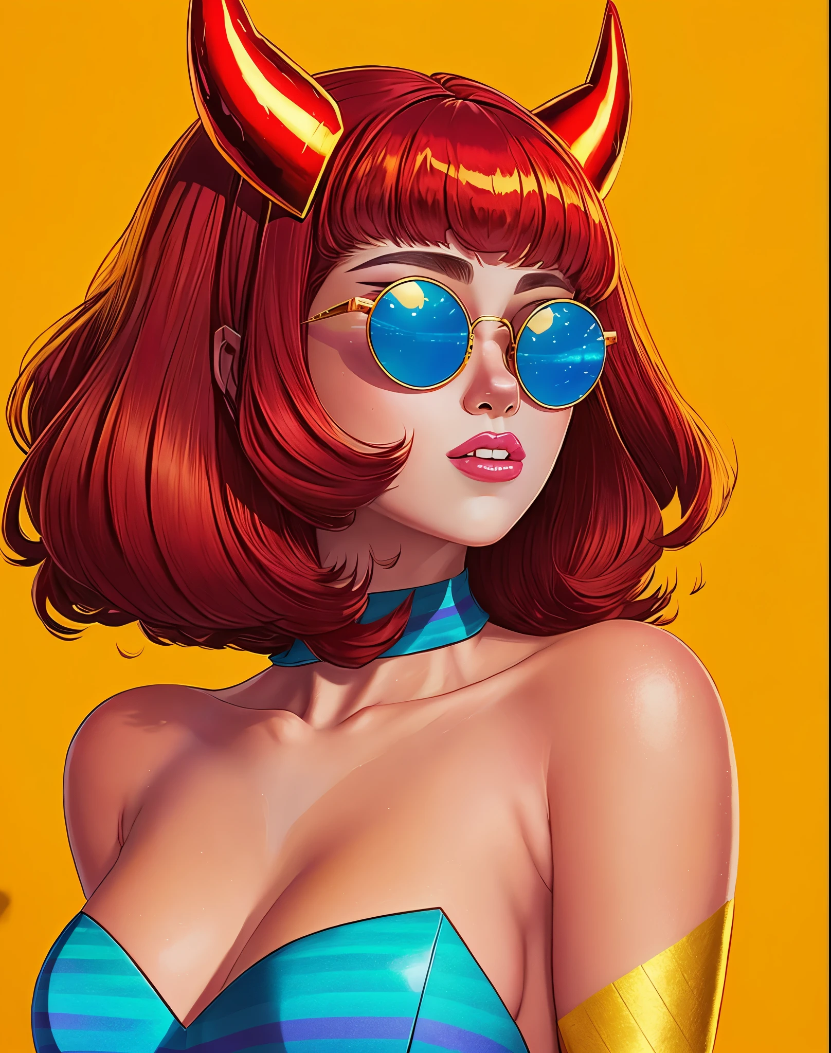 by Bruno Ferreira, a woman with a red devil horns wearing yellow sunglasses with blue stripes, red hair, yellow background, bare shoulders  