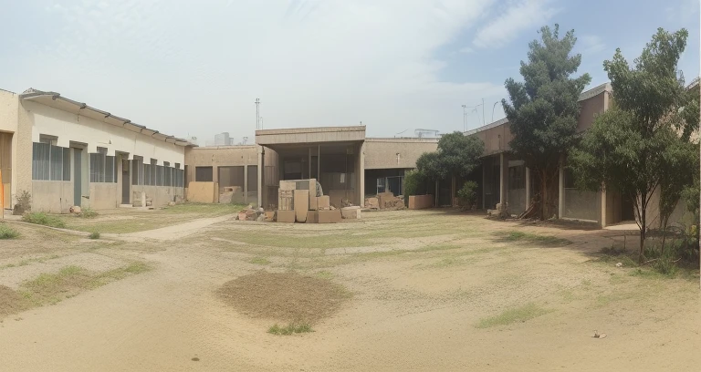 there is a building with a lot of dirt in front of it, ground level view, picture taken from the ground, ground-level view, ground - level view, wide long view, ground level camera view, view from ground level, photo taken from the ground, building facing, rows of canteen in background, ground view, school courtyard, panorama shot, panoramic shot