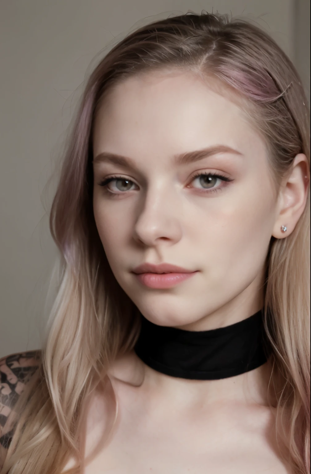 Buetifull girl with pale skin and medium length sized hair, close up of face, androgynous face, nose piercing, small nose pointy nose, small lips pointy nose, perfect detailed face, facial piercings, piercing stare, thin button nose, big eyes, wide lips, adult, adult, blonde hair, adult, adult, 20 years old, adult, older, 20, adult, adult woman, mature face, mature face, dark pink clored iris.