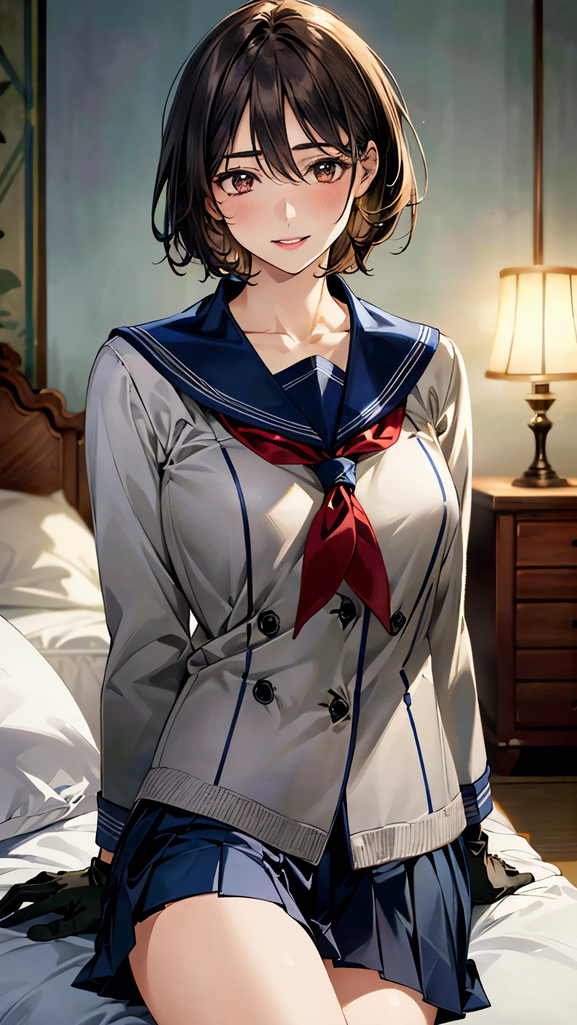 (masterpiece:1.3, top-quality, ultra high res, ultra detailed), (realistic, photorealistic:1.4), beautiful illustration, perfect lighting, natural lighting, colorful, depth of fields, surrealism,
beautiful detailed hair, beautiful detailed face, beautiful detailed eyes, beautiful clavicle, beautiful body, beautiful chest, beautiful thigh, beautiful legs, beautiful fingers, 
looking at viewer, 1 girl, japanese, high school girl, 14 years old, (perfect anatomy, anatomically correct), cute and symmetrical face, babyface, perfect face, shiny skin, 
(short hair:1.7, bowl-cut:1.4, light brown hair), hair between eyes, brown eyes, long eye lasher, (large breasts:0.5, seductive thighs), 
(((gray medium coat, muffler, knitted gloves), navy pleated skirt, navy sailor collar, red sailor scarf)), 
(beautiful scenery), , evening, (hotel room), (happy smile, parted lips), 