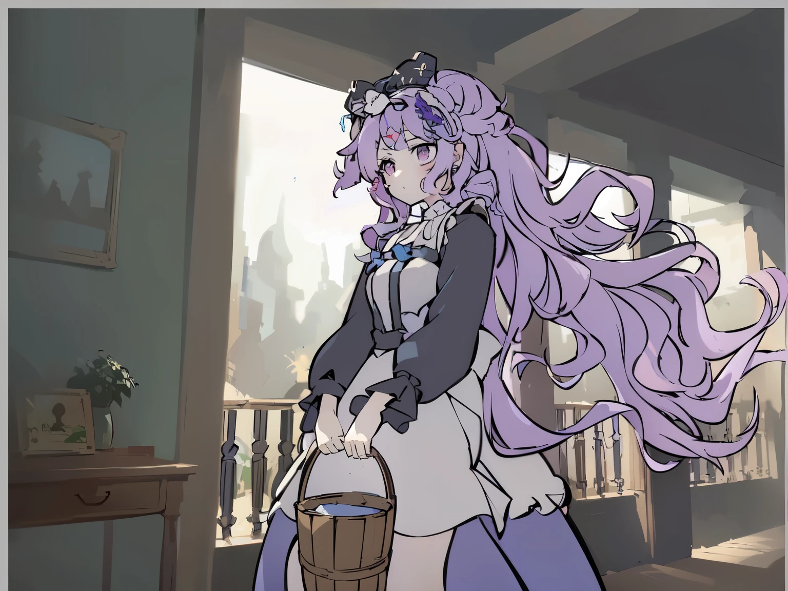 Anime girl with long purple hair and a basket of water, Satya from Overlord, Drawing in animation artist studio, Produced by Anime Painter Studio, Anime girl wearing maid outfit, Maid in the Enchanted Forest, Kitagawa Marin fan art, stylized anime, anime stylization, fantasy style anime, Detailed fanart, maid outfit, Anime cute art style