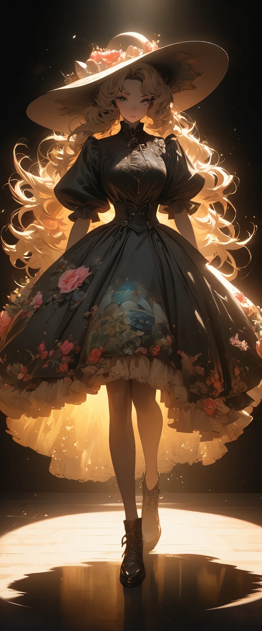 illustration,,acrylic ,Thick coating,victorian art style,genius girl,Beautiful clothes made of flowers,(full body portrait:1.4),Wide-brimmed hat,spotlight effect,rim light,Glowing special effects,Bright colors、bright,high saturation,high contrast,black background,Ultra-fine,Surreal,Real light and shadow contrast,realistic raytracing,True light attenuation,True light reflection,anti-aesthetic style,poodle punk,Snapshot aesthetic style